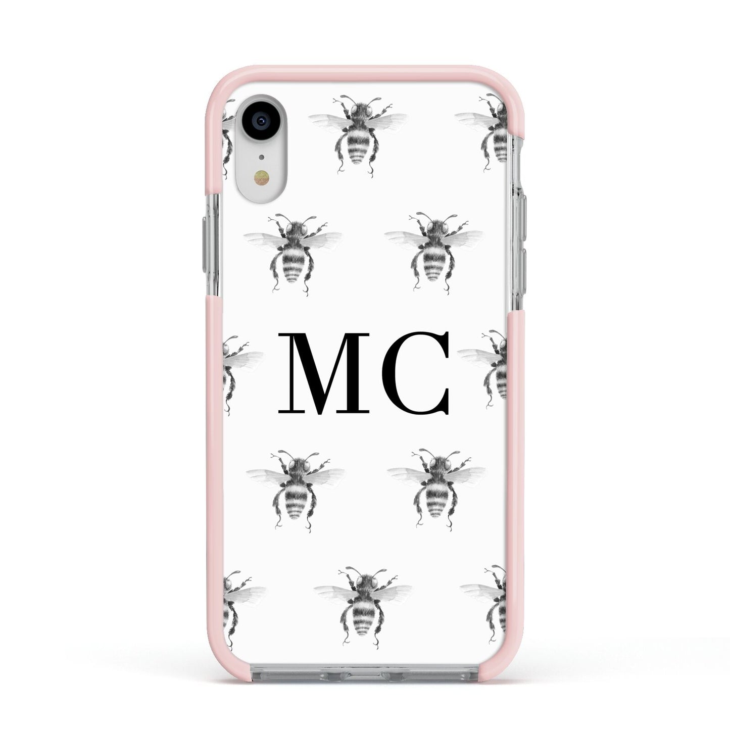 Monochrome Bees with Monogram Apple iPhone XR Impact Case Pink Edge on Silver Phone