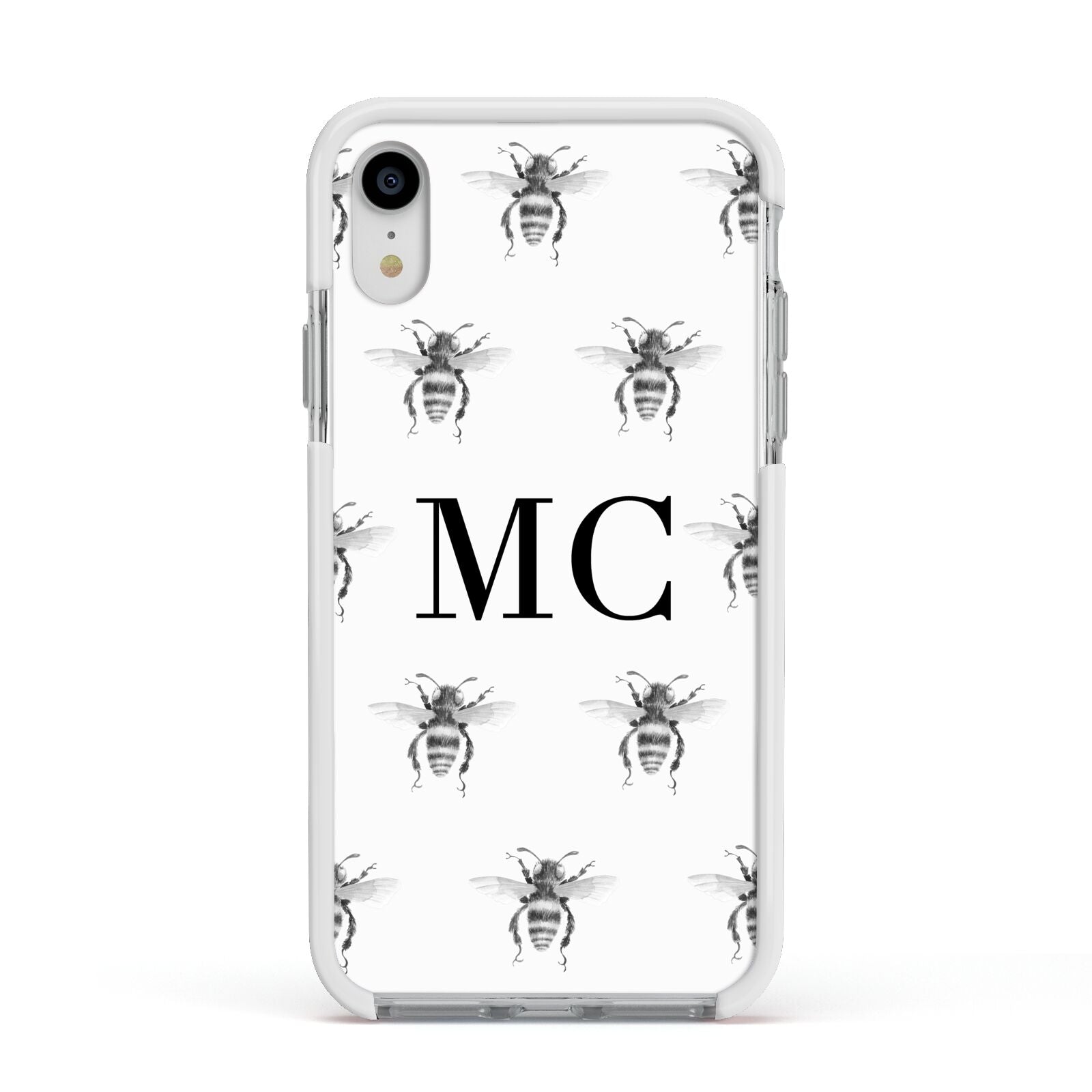 Monochrome Bees with Monogram Apple iPhone XR Impact Case White Edge on Silver Phone