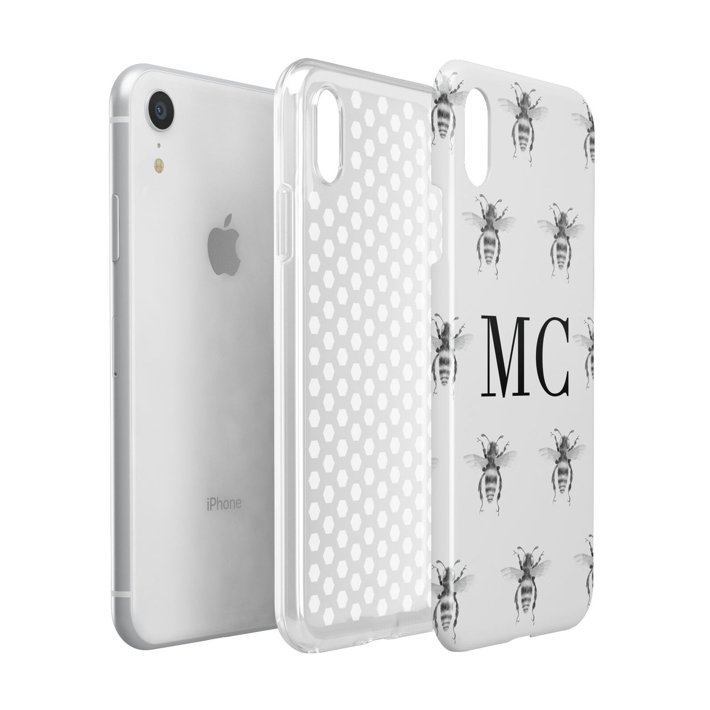 Monochrome Bees with Monogram Apple iPhone XR White 3D Tough Case Expanded view