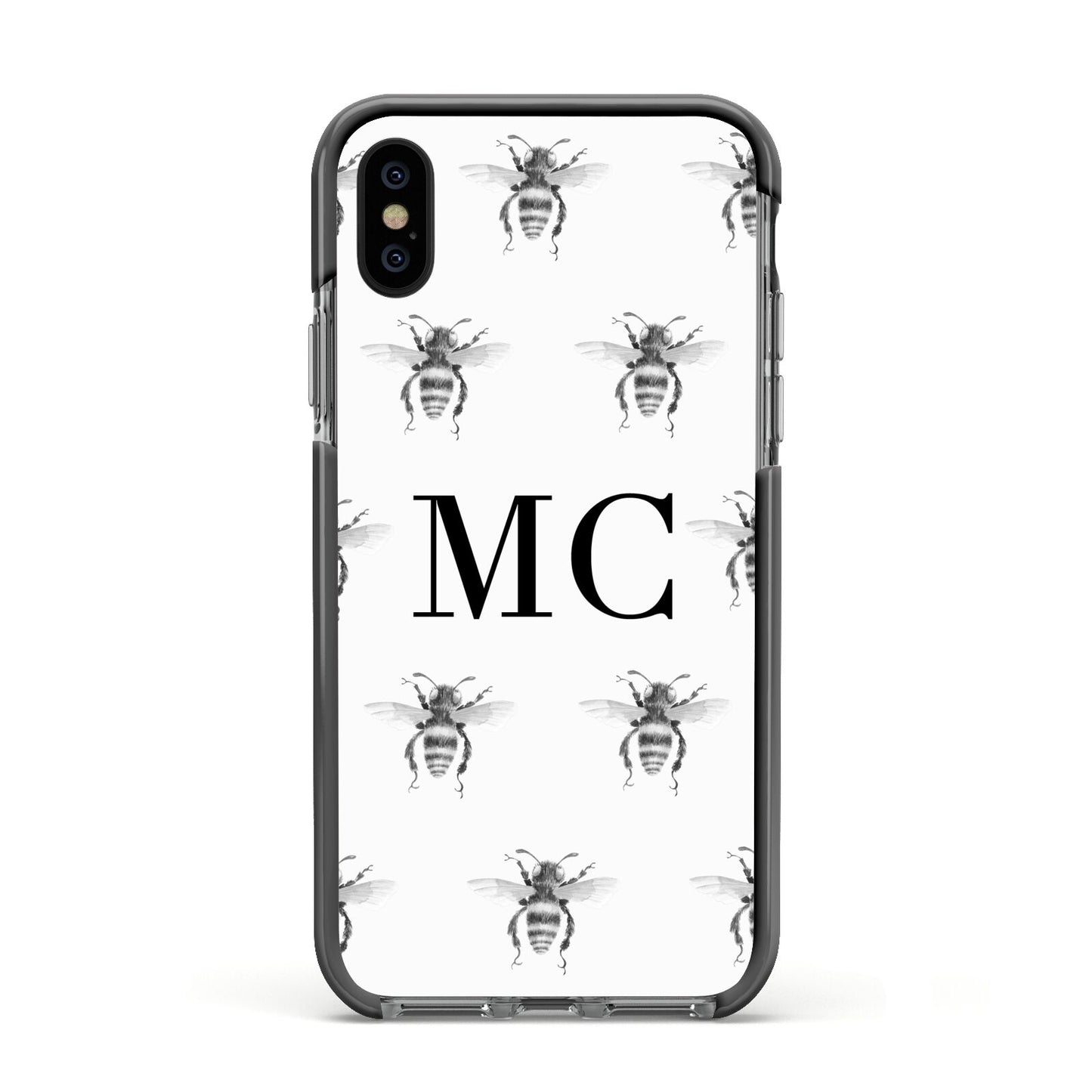 Monochrome Bees with Monogram Apple iPhone Xs Impact Case Black Edge on Black Phone