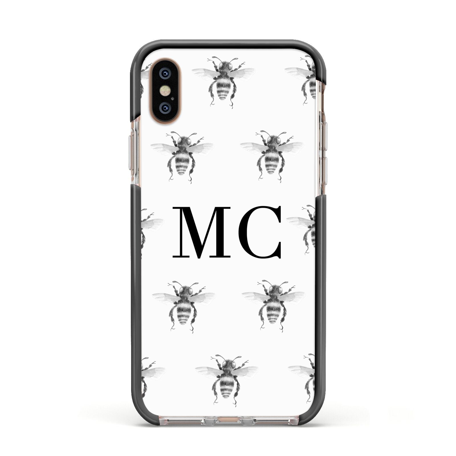 Monochrome Bees with Monogram Apple iPhone Xs Impact Case Black Edge on Gold Phone