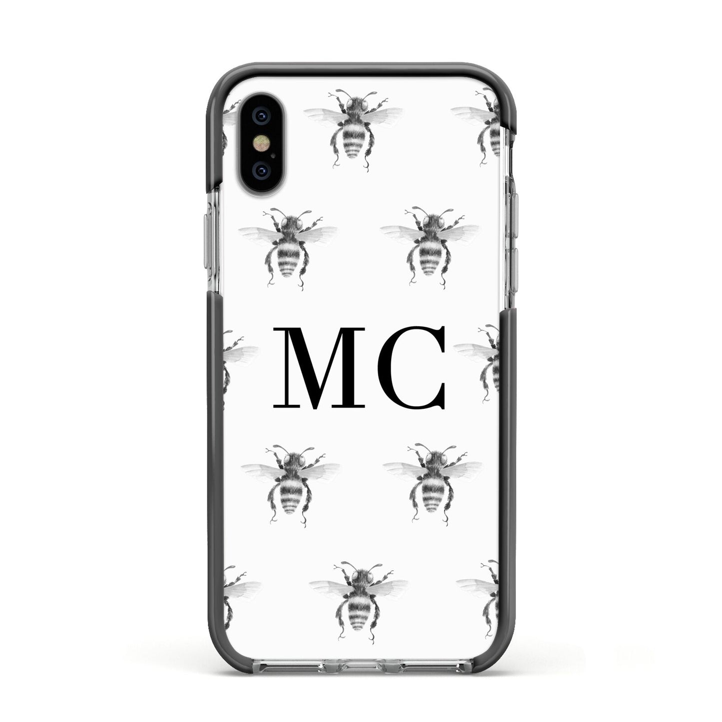 Monochrome Bees with Monogram Apple iPhone Xs Impact Case Black Edge on Silver Phone