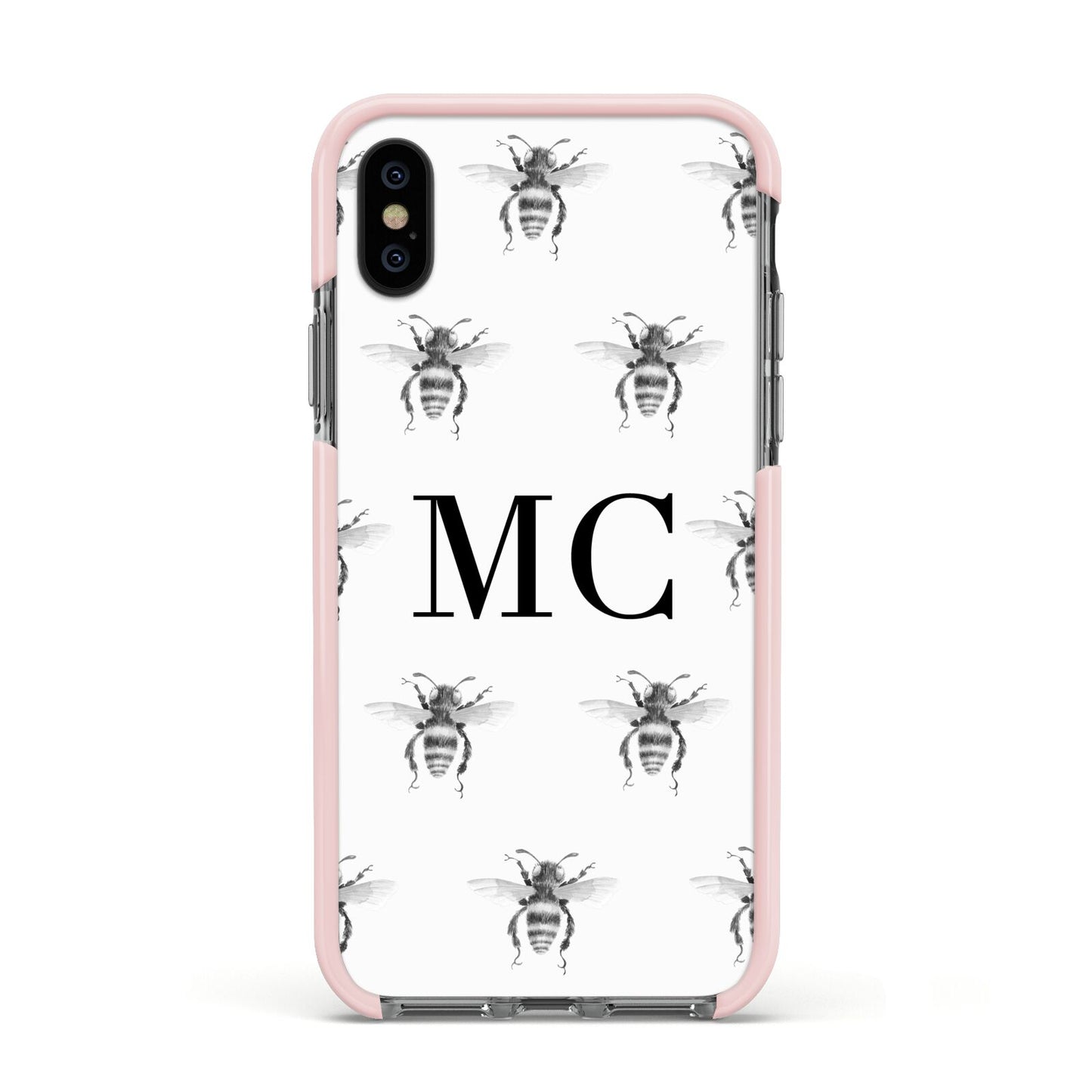 Monochrome Bees with Monogram Apple iPhone Xs Impact Case Pink Edge on Black Phone