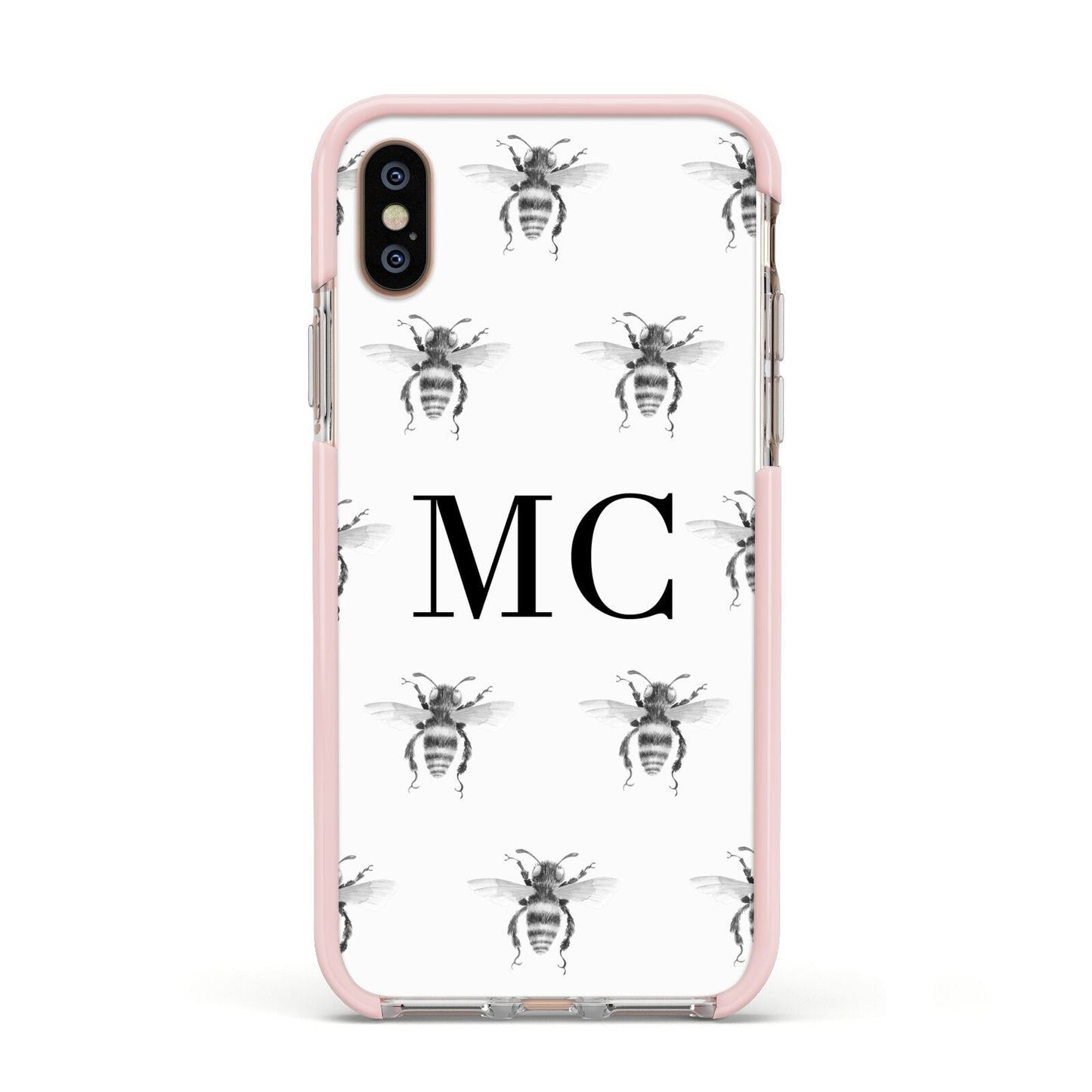 Monochrome Bees with Monogram Apple iPhone Xs Impact Case Pink Edge on Gold Phone