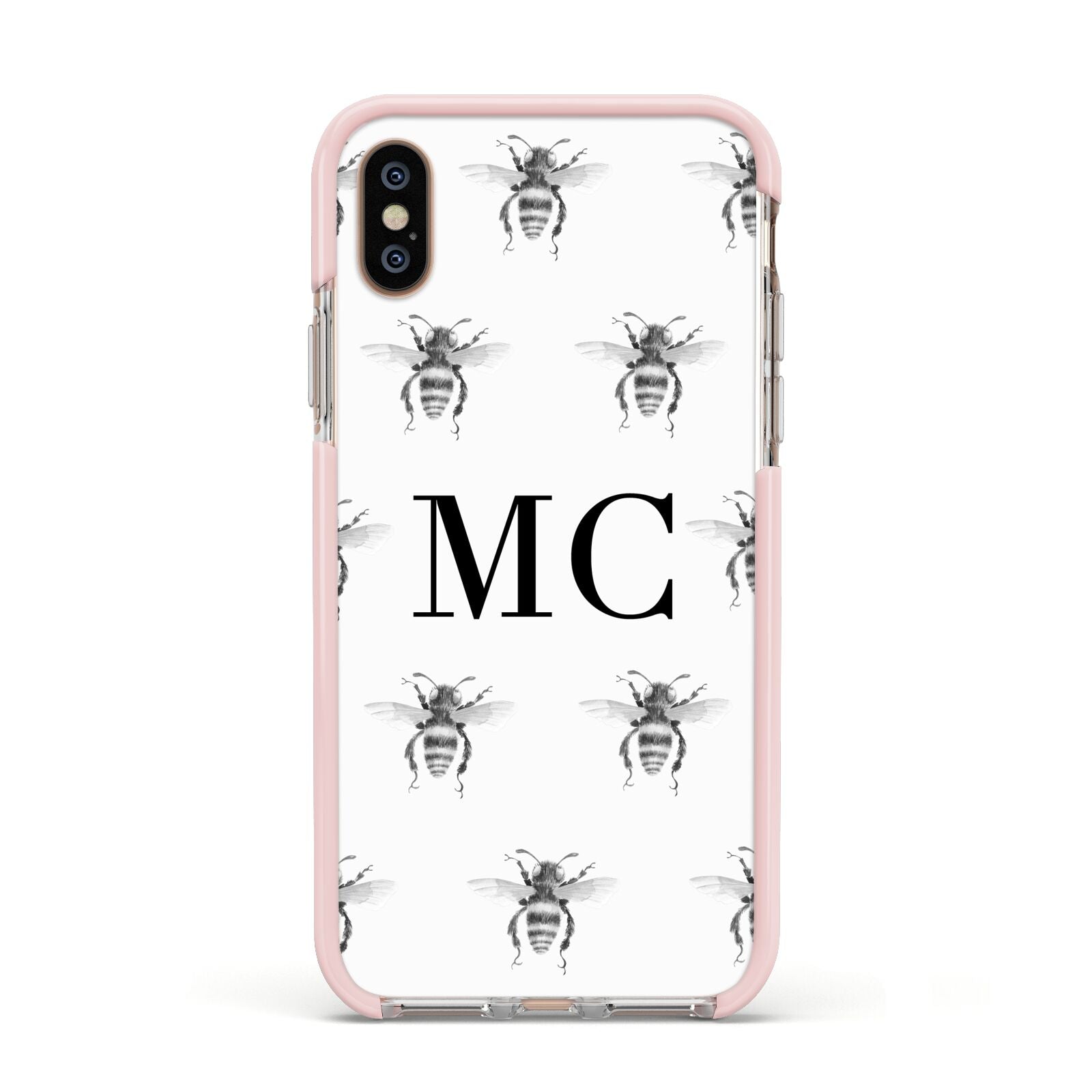 Monochrome Bees with Monogram Apple iPhone Xs Impact Case Pink Edge on Gold Phone