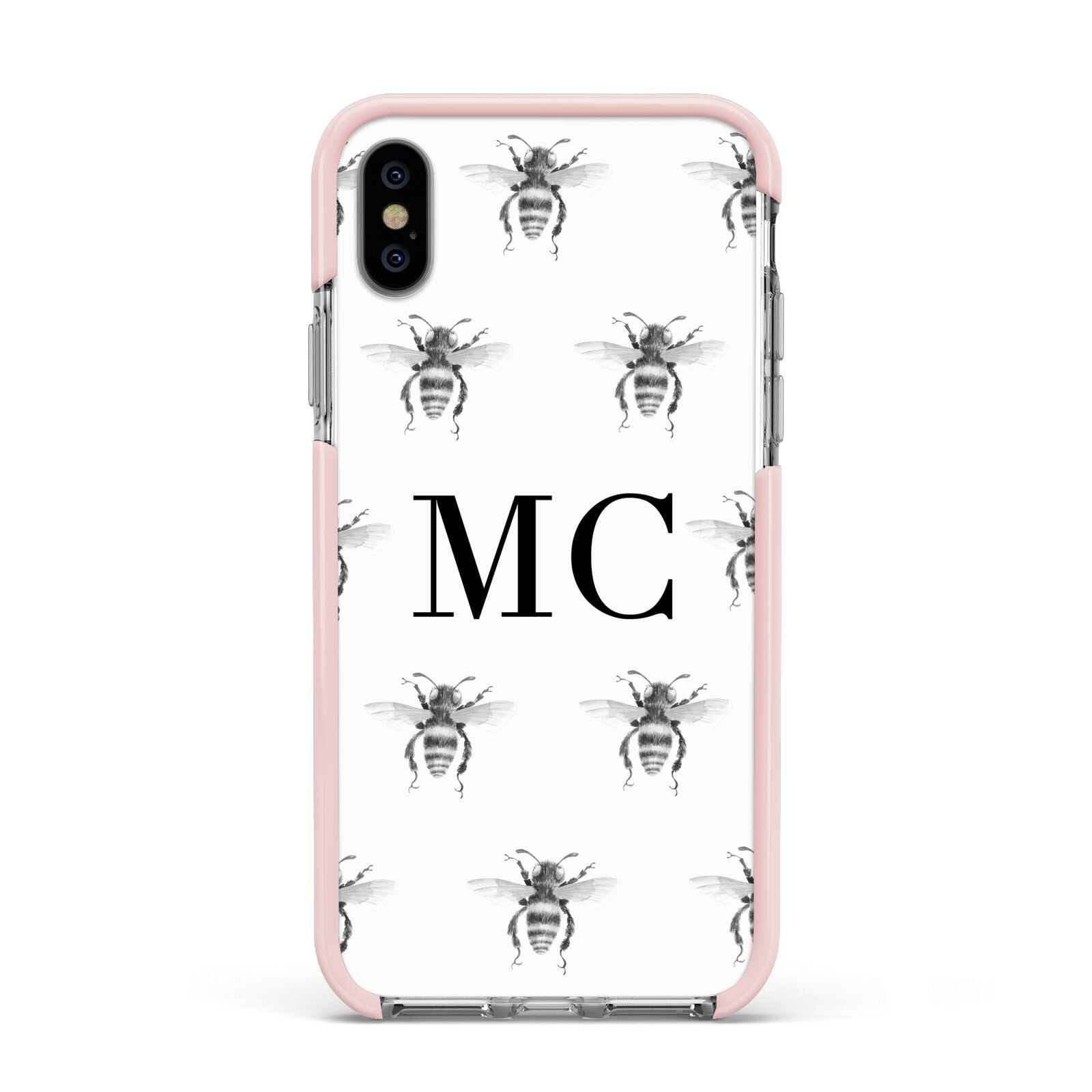 Monochrome Bees with Monogram Apple iPhone Xs Impact Case Pink Edge on Silver Phone