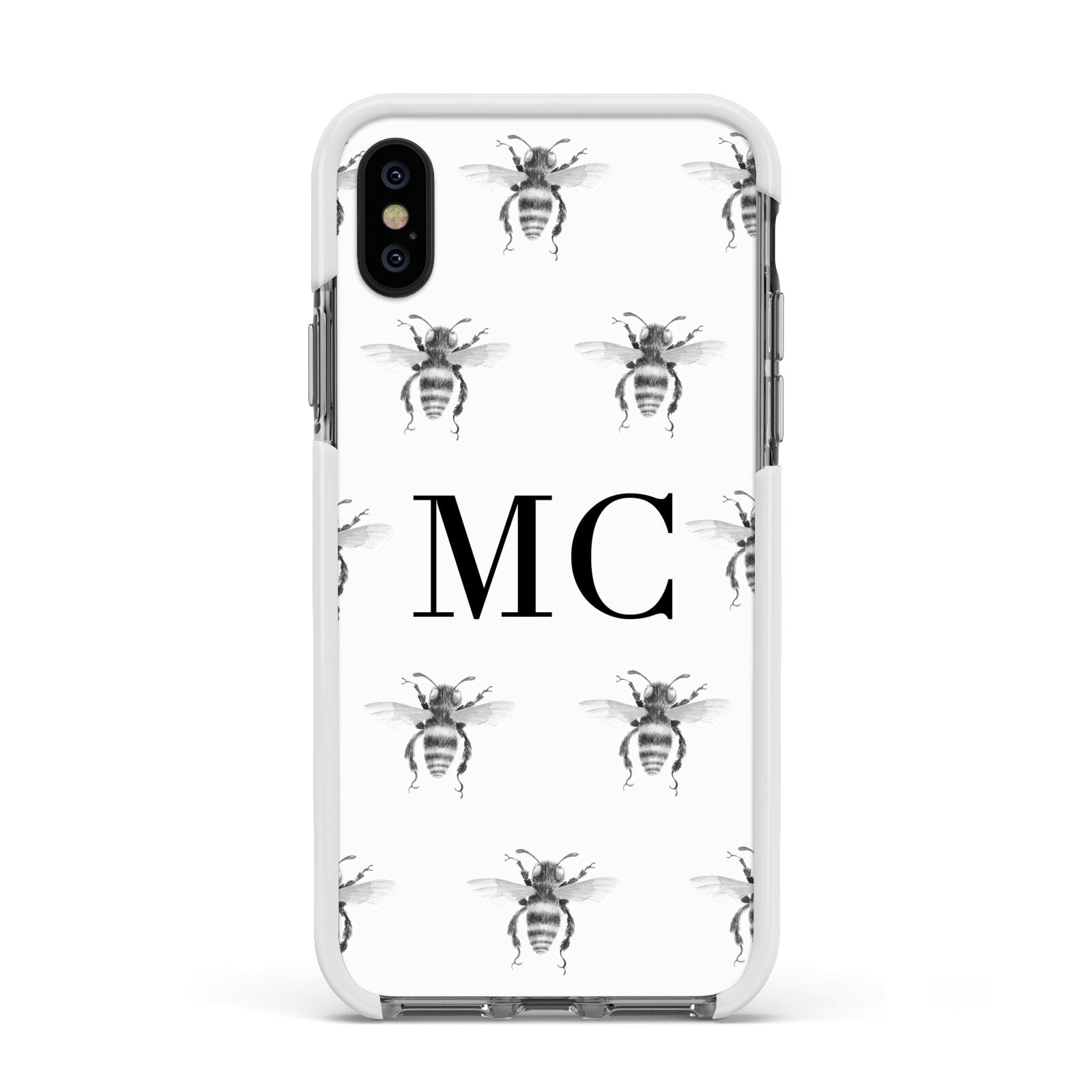 Monochrome Bees with Monogram Apple iPhone Xs Impact Case White Edge on Black Phone