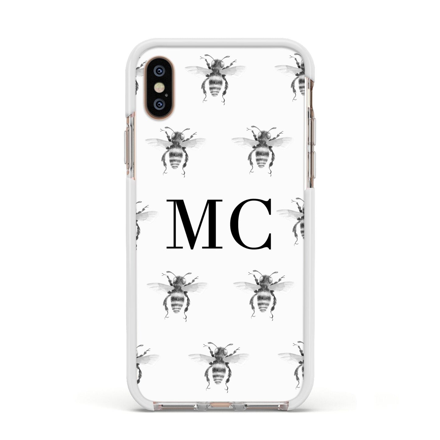 Monochrome Bees with Monogram Apple iPhone Xs Impact Case White Edge on Gold Phone