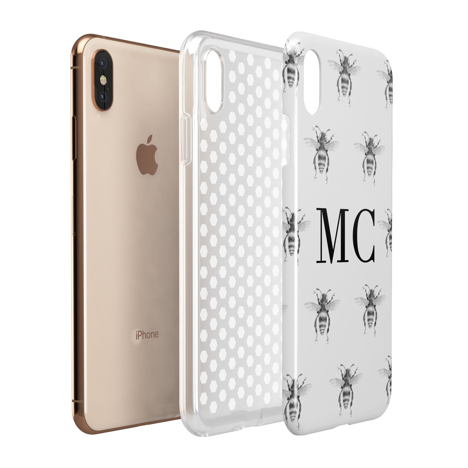 Monochrome Bees with Monogram Apple iPhone Xs Max 3D Tough Case Expanded View