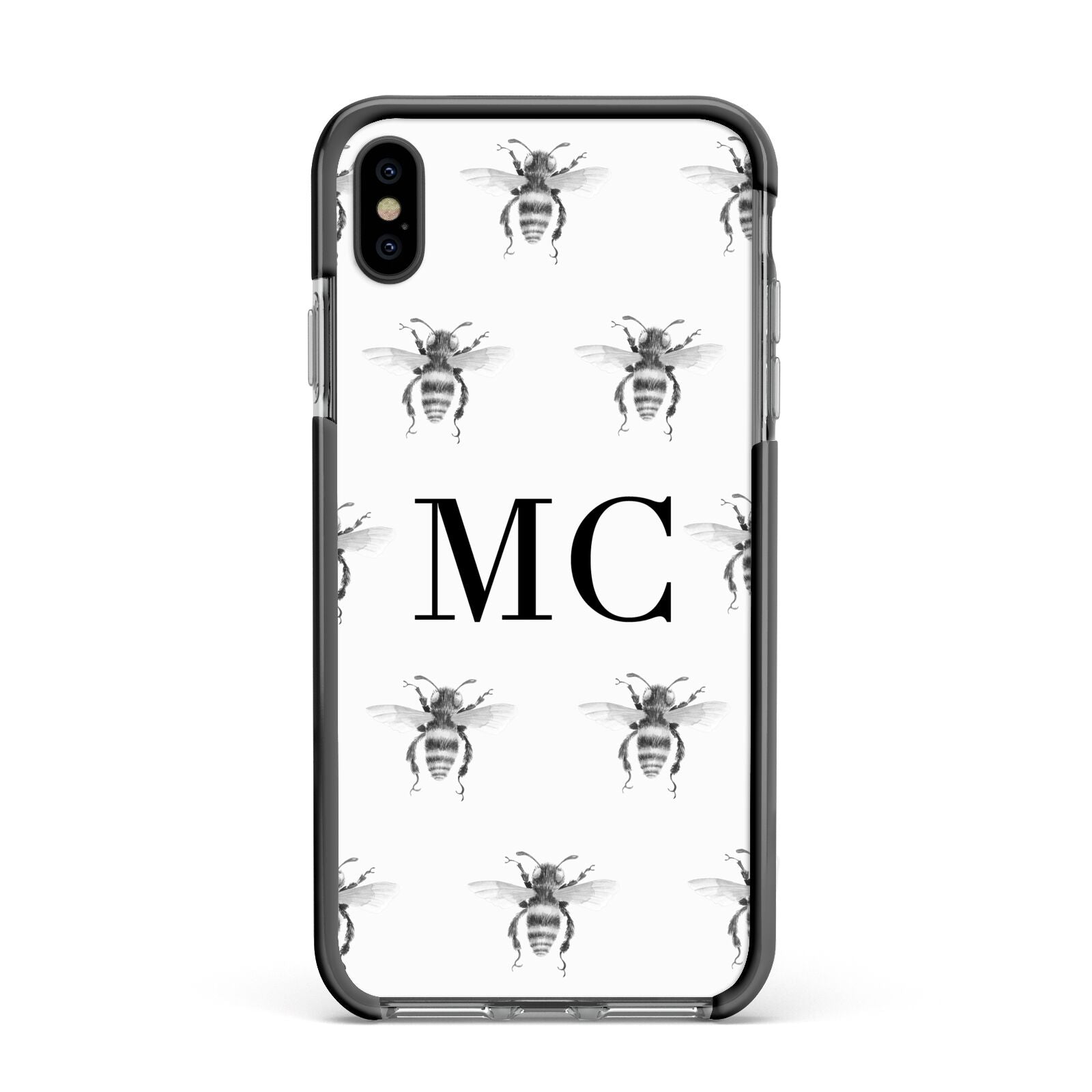 Monochrome Bees with Monogram Apple iPhone Xs Max Impact Case Black Edge on Black Phone