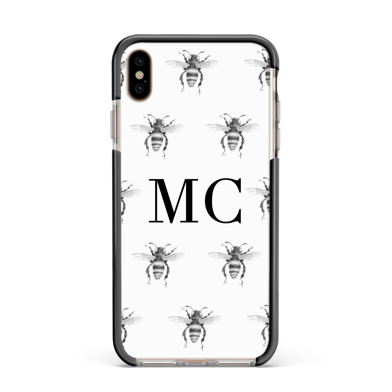 Monochrome Bees with Monogram Apple iPhone Xs Max Impact Case Black Edge on Gold Phone