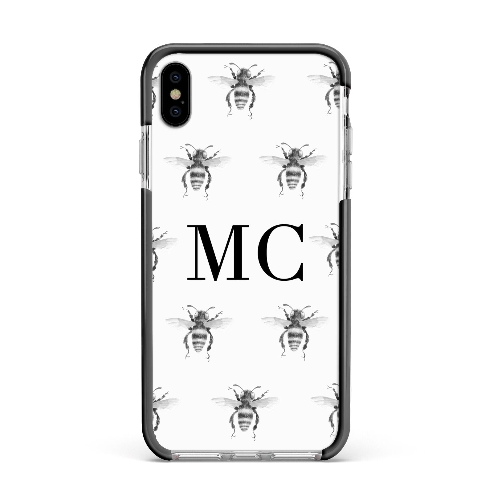 Monochrome Bees with Monogram Apple iPhone Xs Max Impact Case Black Edge on Silver Phone