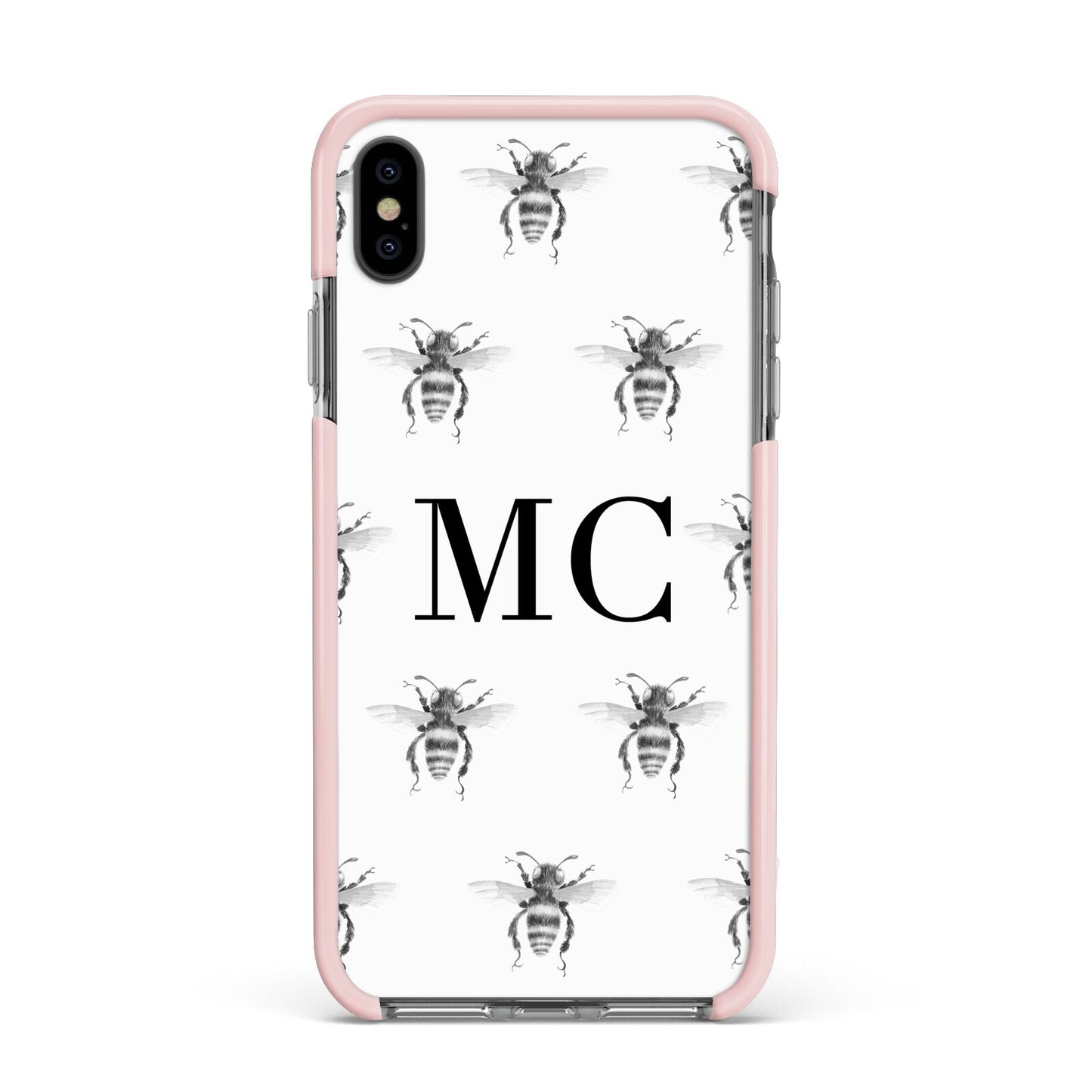 Monochrome Bees with Monogram Apple iPhone Xs Max Impact Case Pink Edge on Black Phone