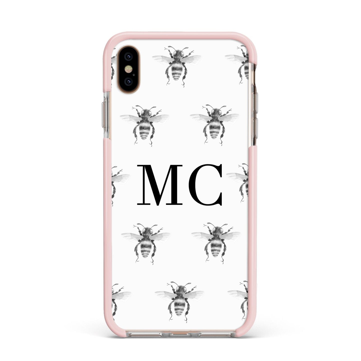 Monochrome Bees with Monogram Apple iPhone Xs Max Impact Case Pink Edge on Gold Phone