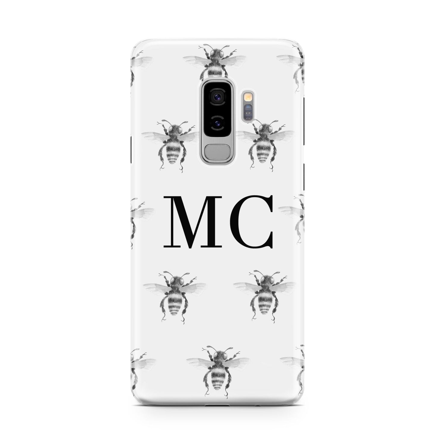 Monochrome Bees with Monogram Samsung Galaxy S9 Plus Case on Silver phone