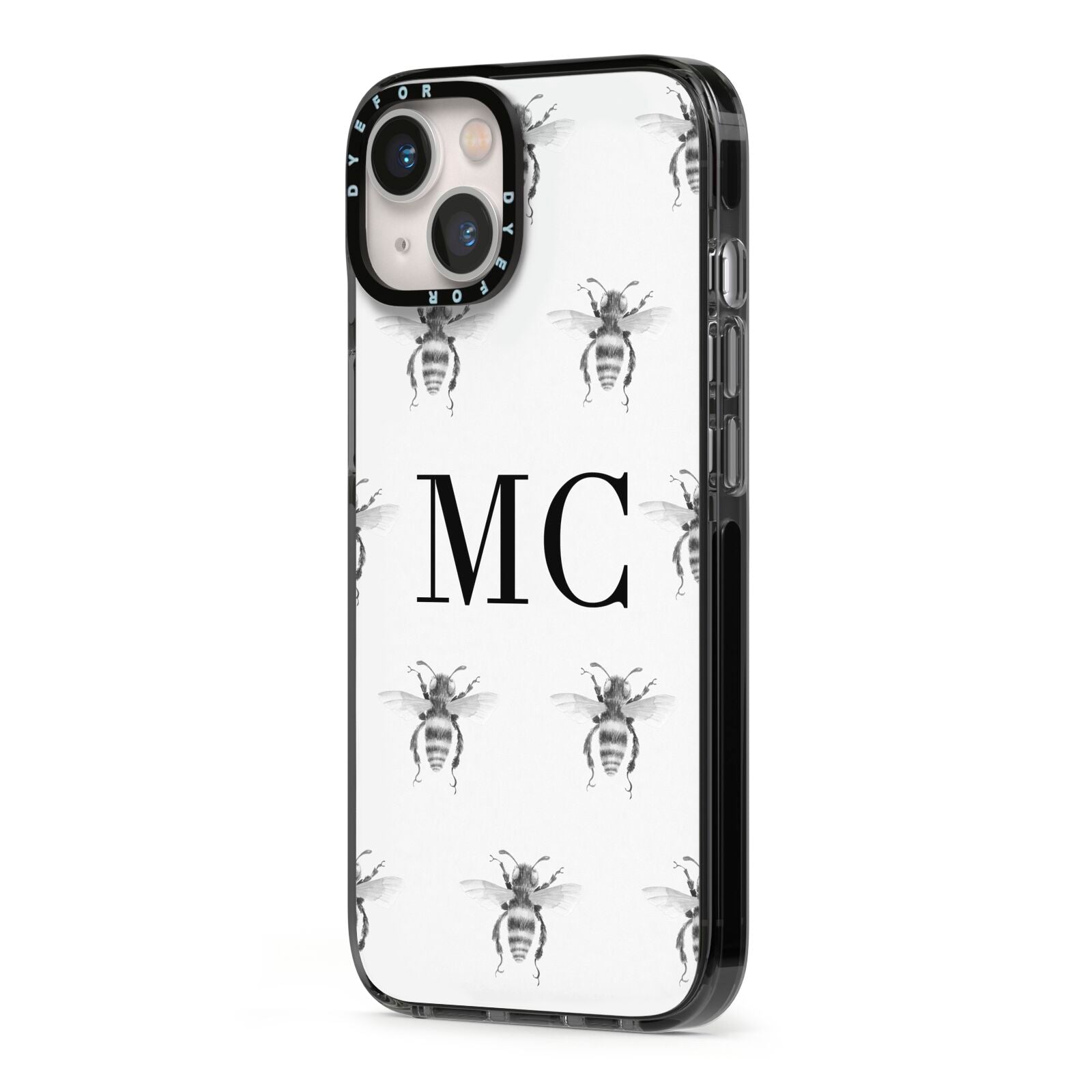 Monochrome Bees with Monogram iPhone 13 Black Impact Case Side Angle on Silver phone