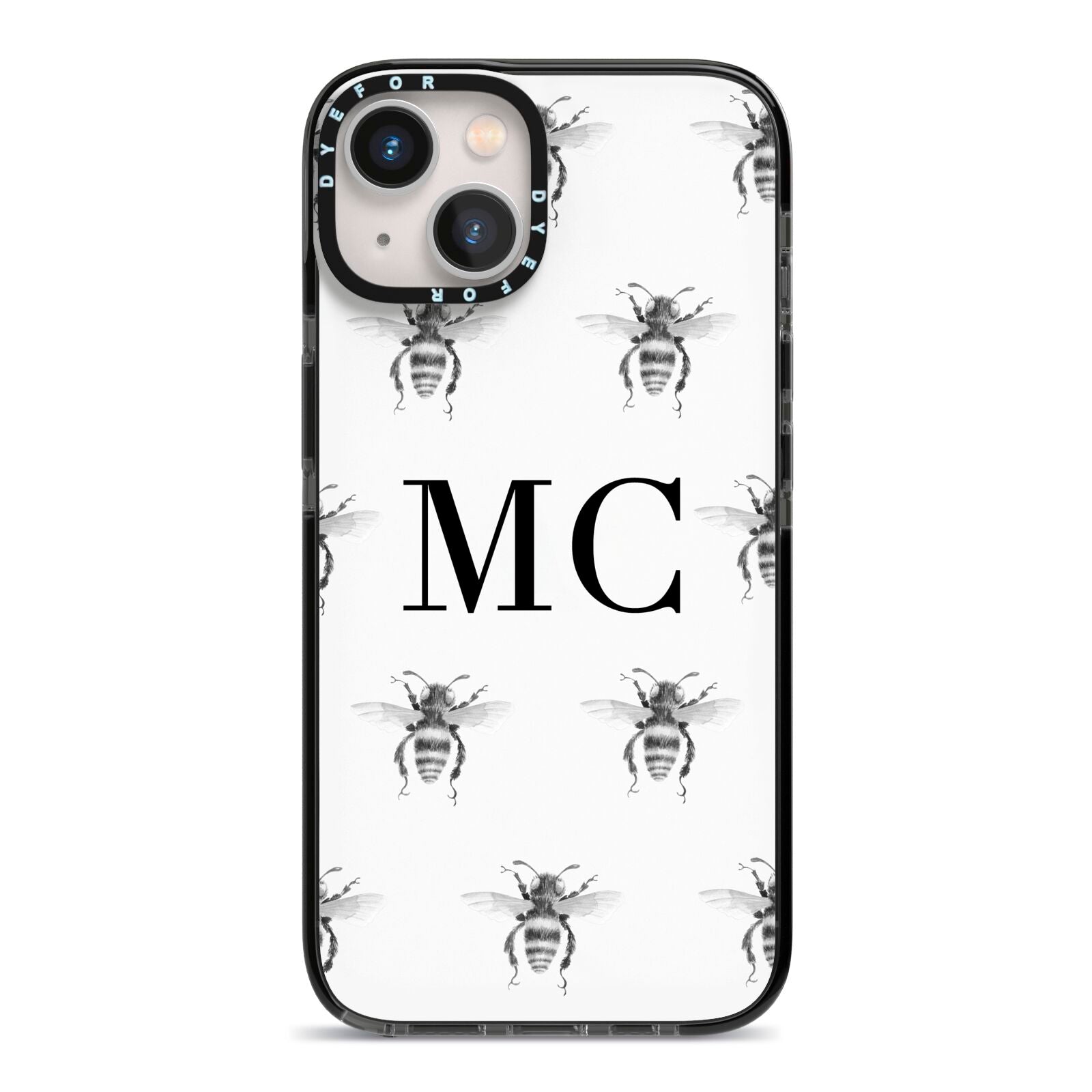 Monochrome Bees with Monogram iPhone 13 Black Impact Case on Silver phone