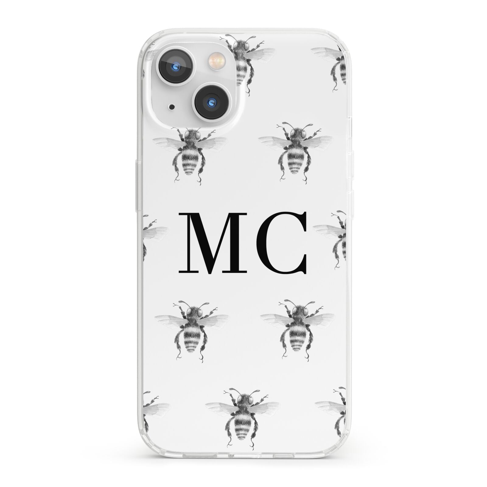 Monochrome Bees with Monogram iPhone 13 Clear Bumper Case