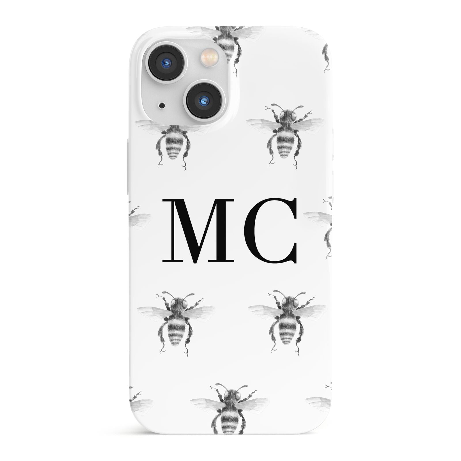 Monochrome Bees with Monogram iPhone 13 Mini Full Wrap 3D Snap Case