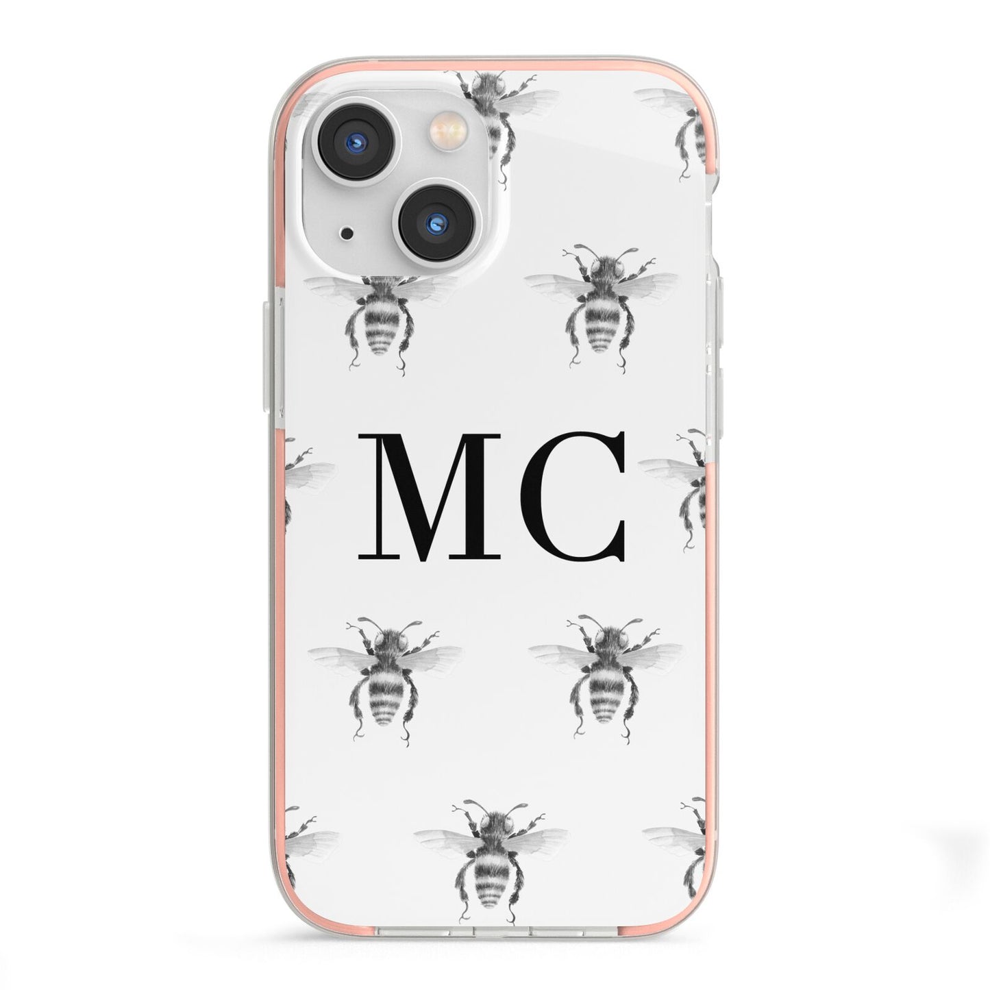 Monochrome Bees with Monogram iPhone 13 Mini TPU Impact Case with Pink Edges