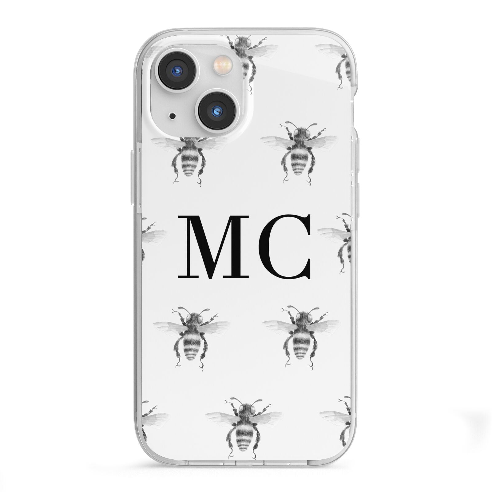 Monochrome Bees with Monogram iPhone 13 Mini TPU Impact Case with White Edges