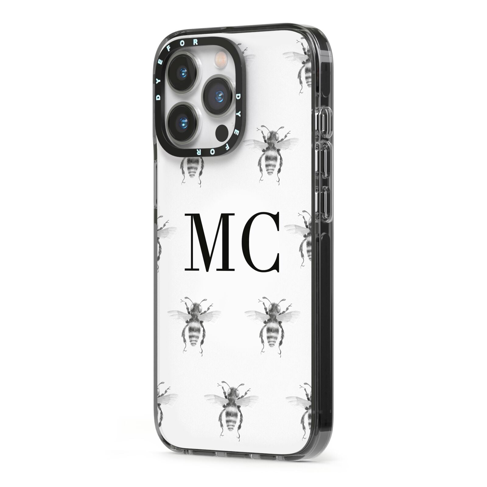 Monochrome Bees with Monogram iPhone 13 Pro Black Impact Case Side Angle on Silver phone