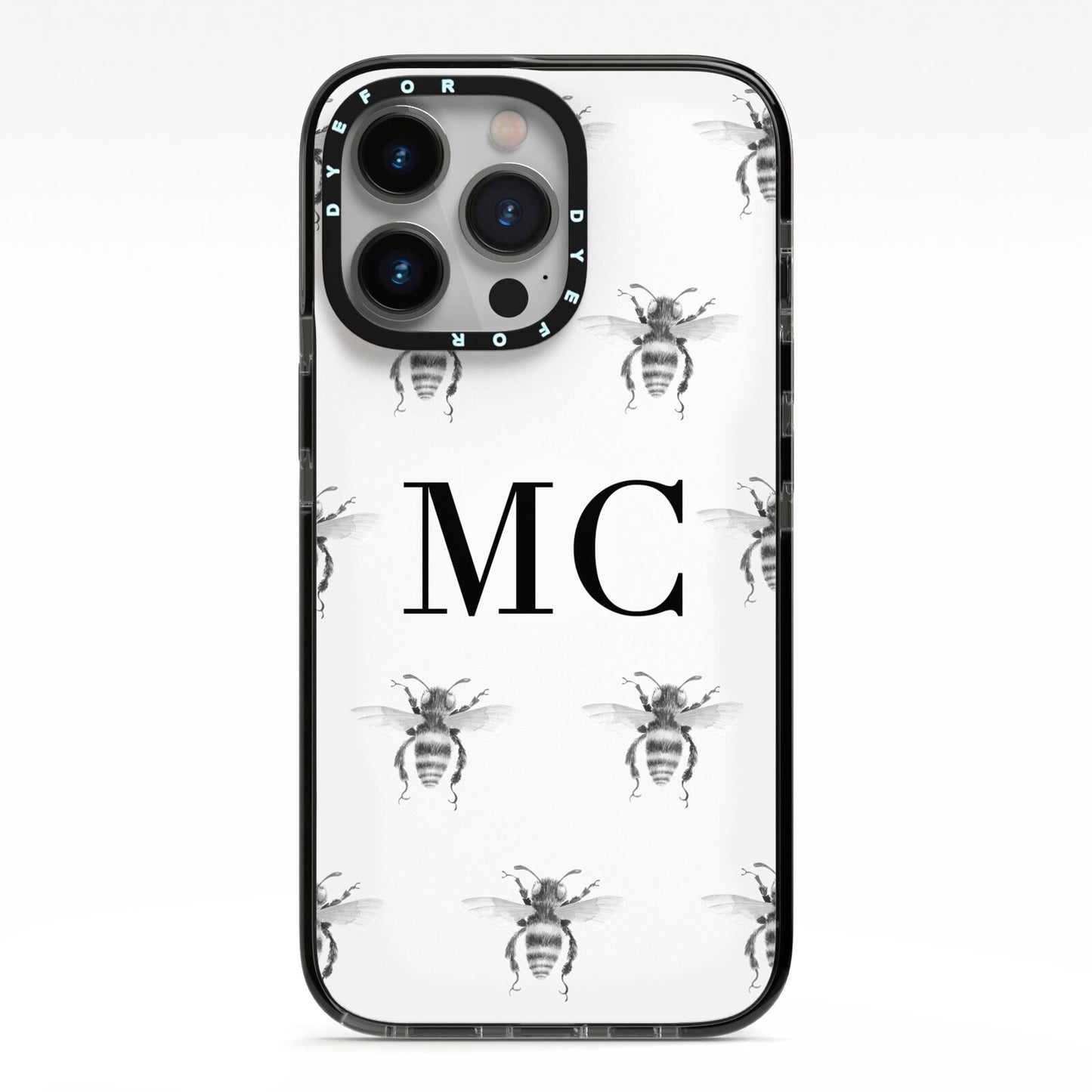 Monochrome Bees with Monogram iPhone 13 Pro Black Impact Case on Silver phone