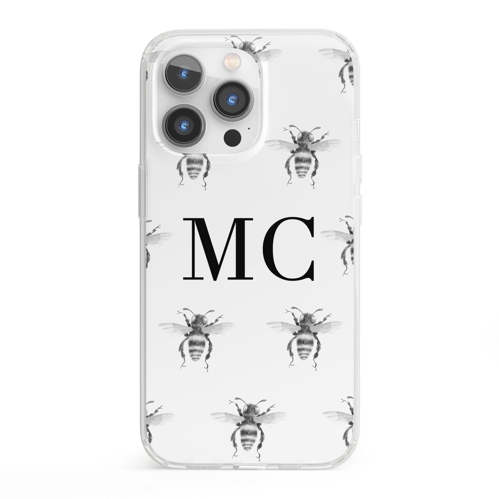 Monochrome Bees with Monogram iPhone 13 Pro Clear Bumper Case