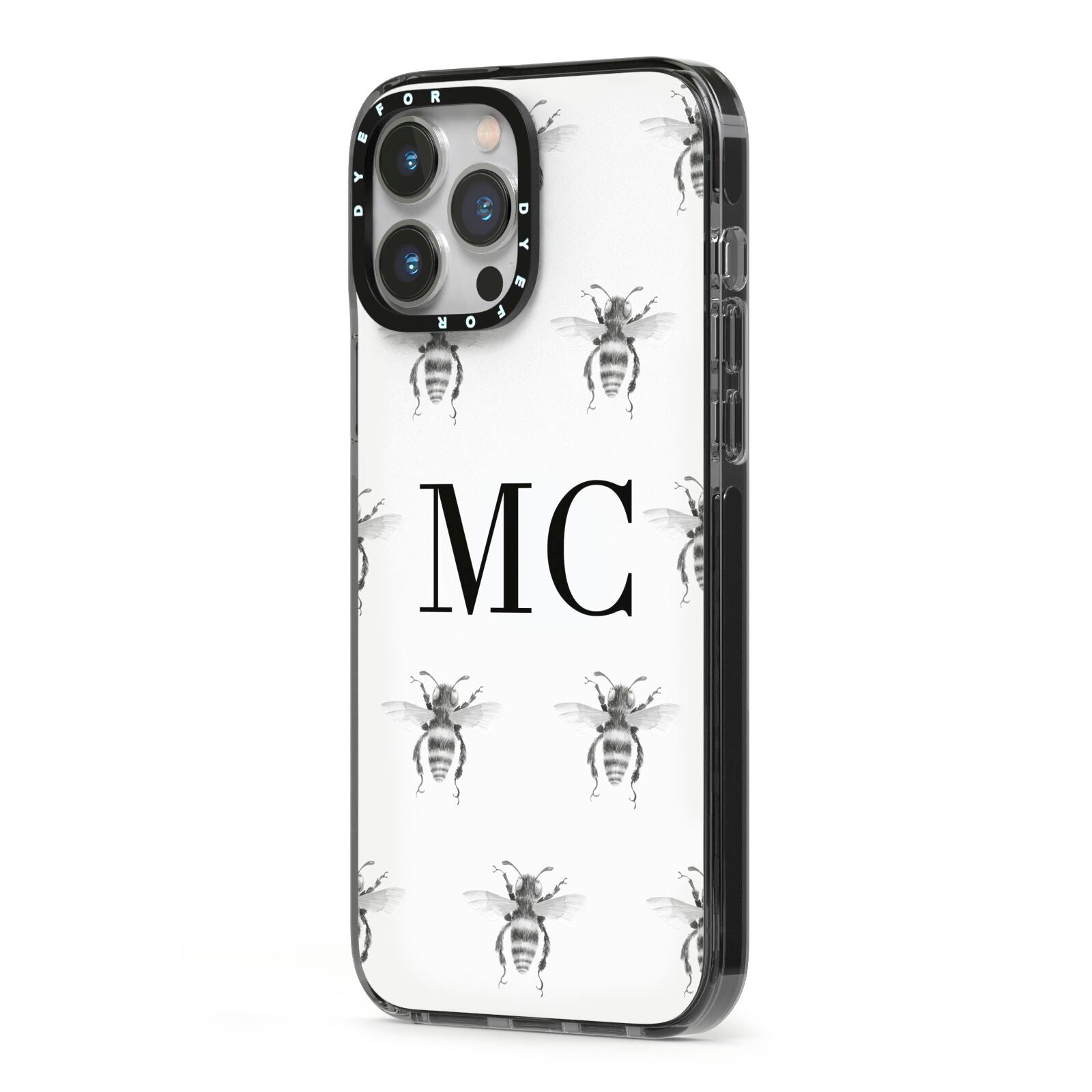 Monochrome Bees with Monogram iPhone 13 Pro Max Black Impact Case Side Angle on Silver phone