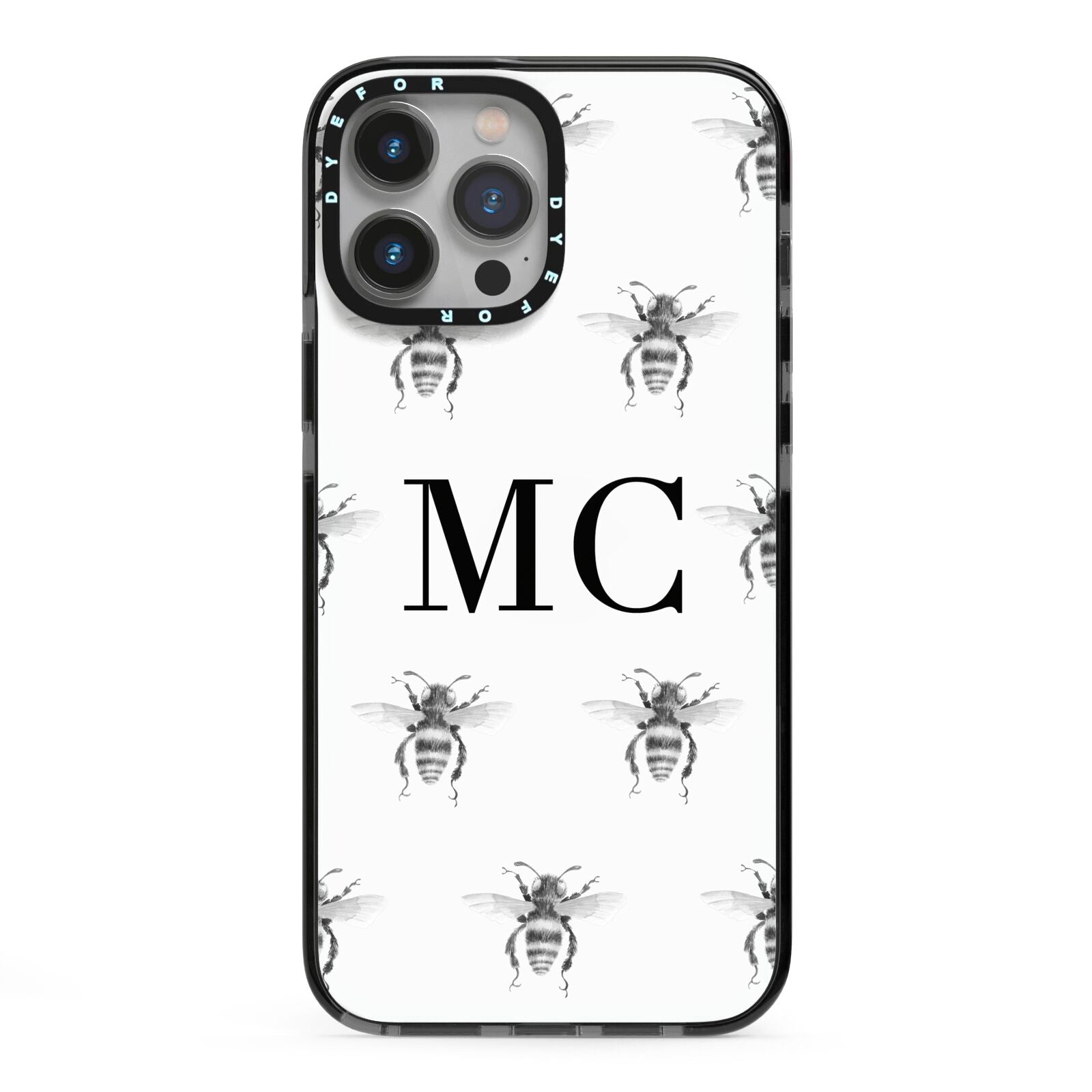 Monochrome Bees with Monogram iPhone 13 Pro Max Black Impact Case on Silver phone