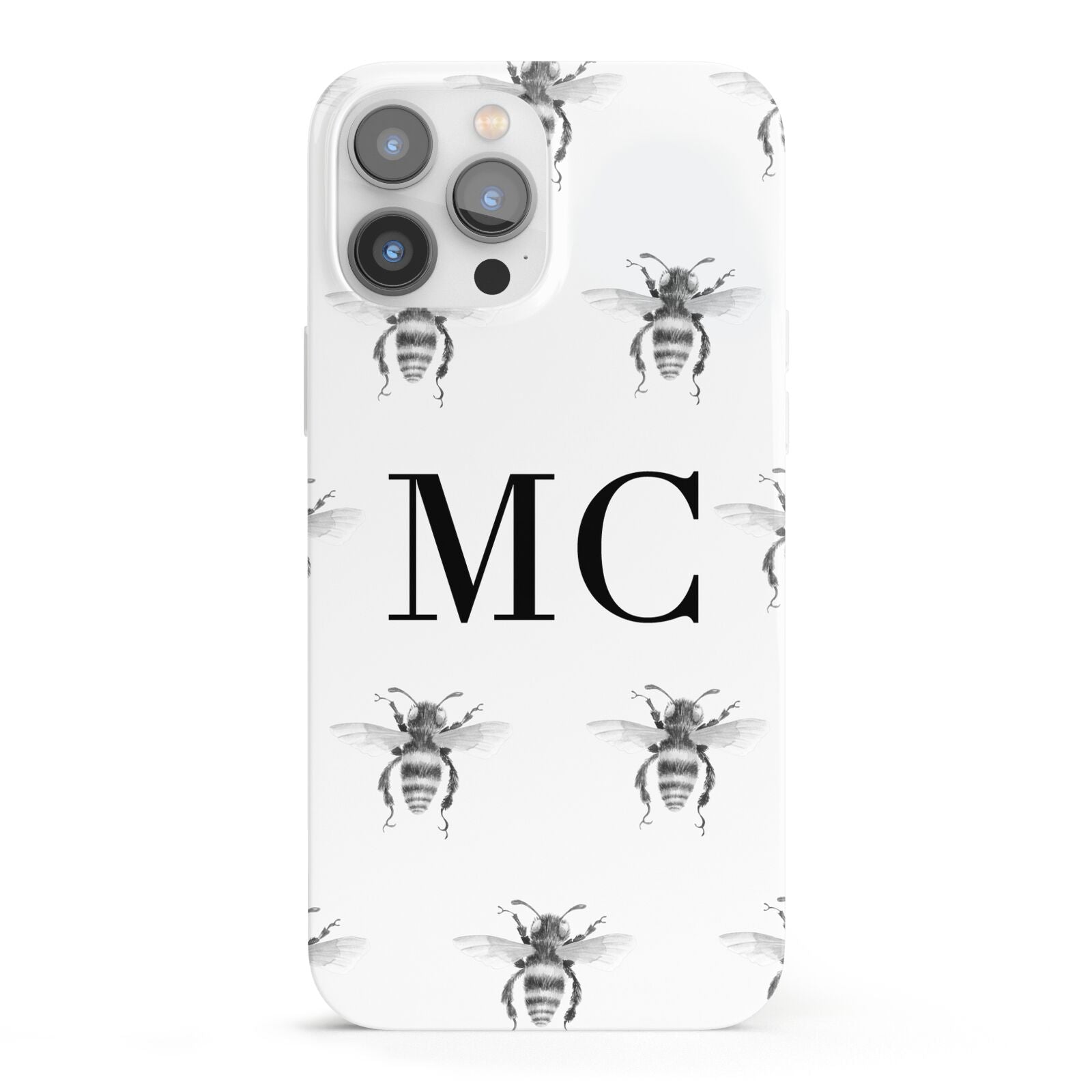 Monochrome Bees with Monogram iPhone 13 Pro Max Full Wrap 3D Snap Case