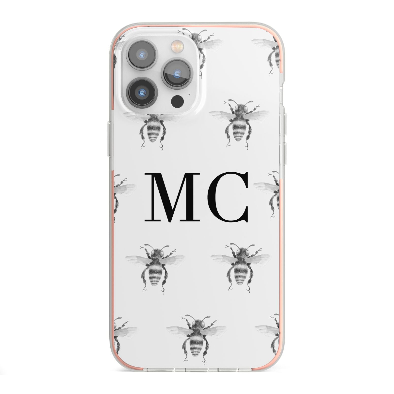 Monochrome Bees with Monogram iPhone 13 Pro Max TPU Impact Case with Pink Edges