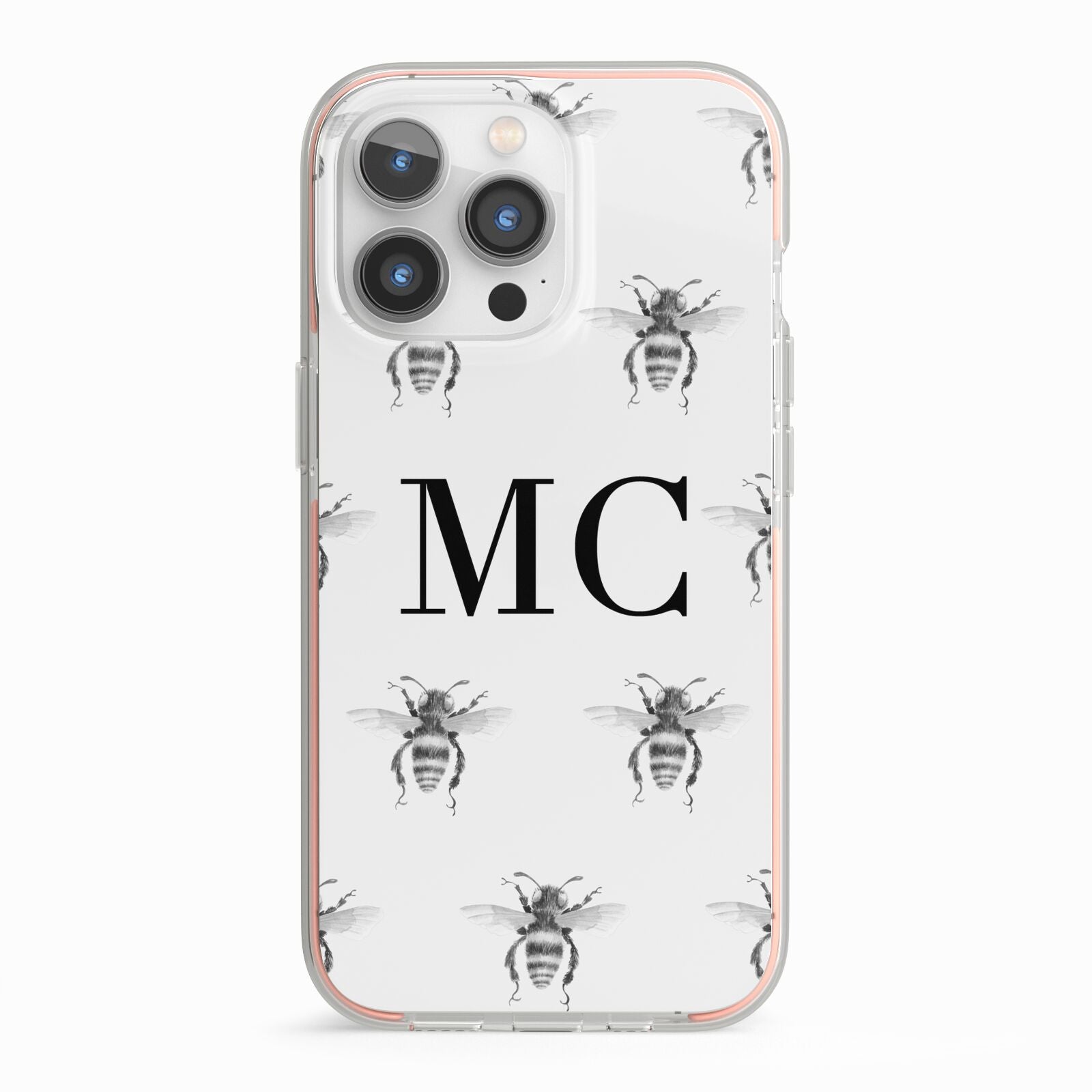 Monochrome Bees with Monogram iPhone 13 Pro TPU Impact Case with Pink Edges