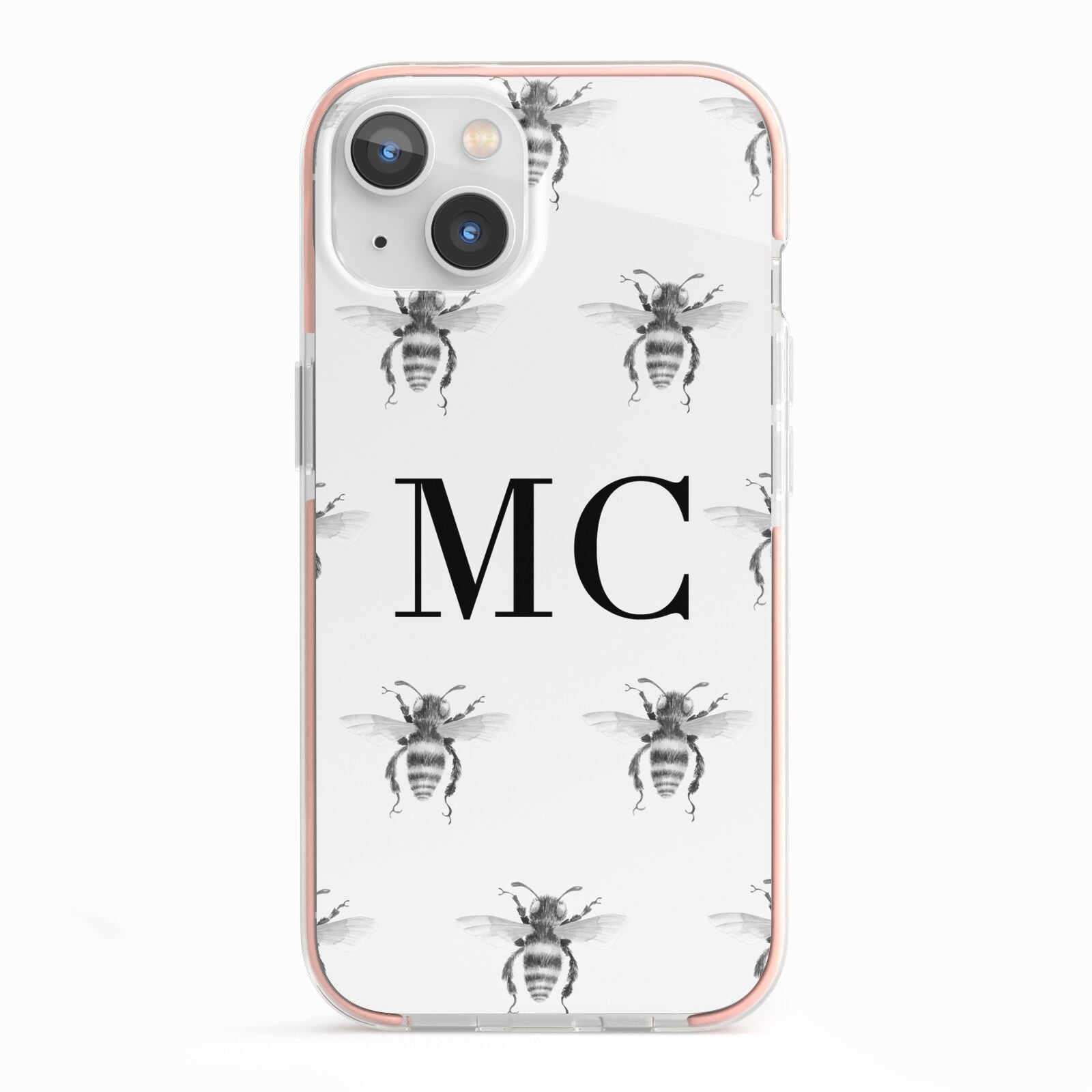 Monochrome Bees with Monogram iPhone 13 TPU Impact Case with Pink Edges