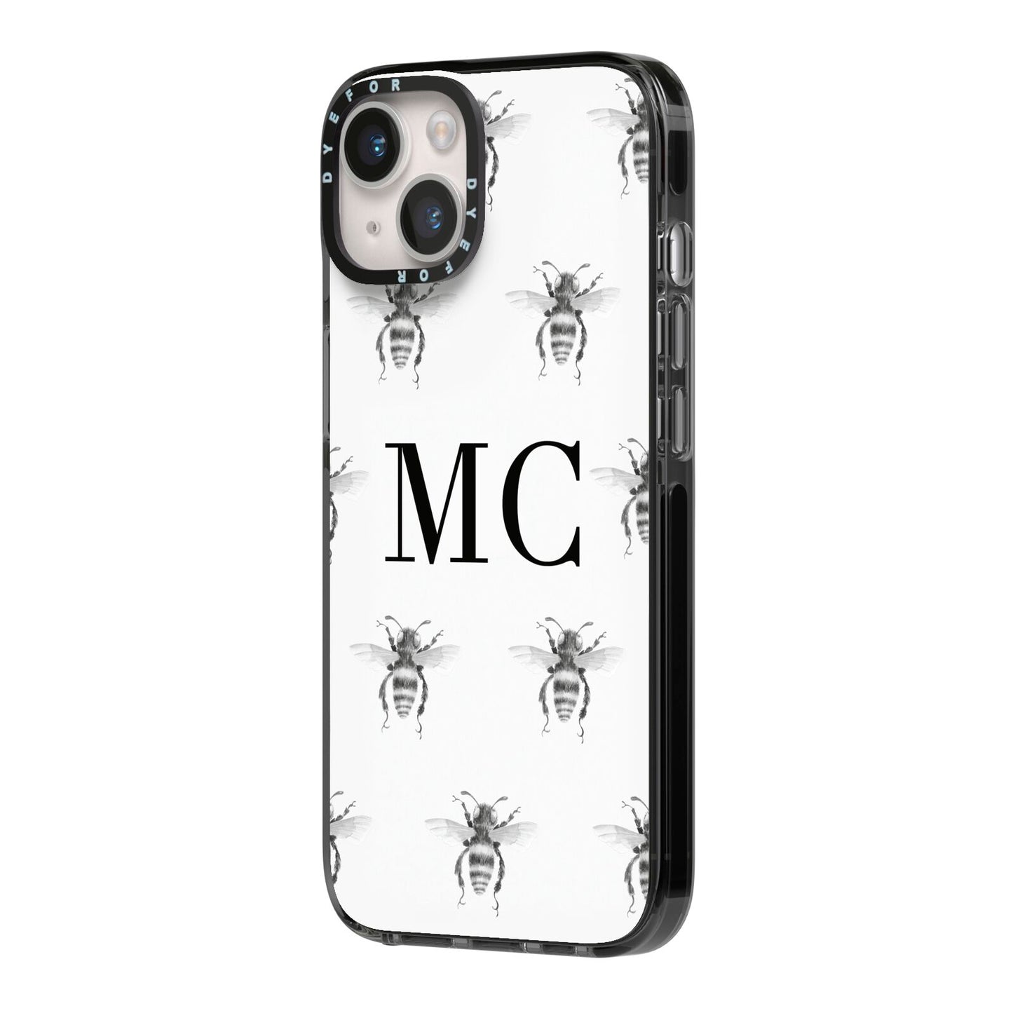 Monochrome Bees with Monogram iPhone 14 Black Impact Case Side Angle on Silver phone