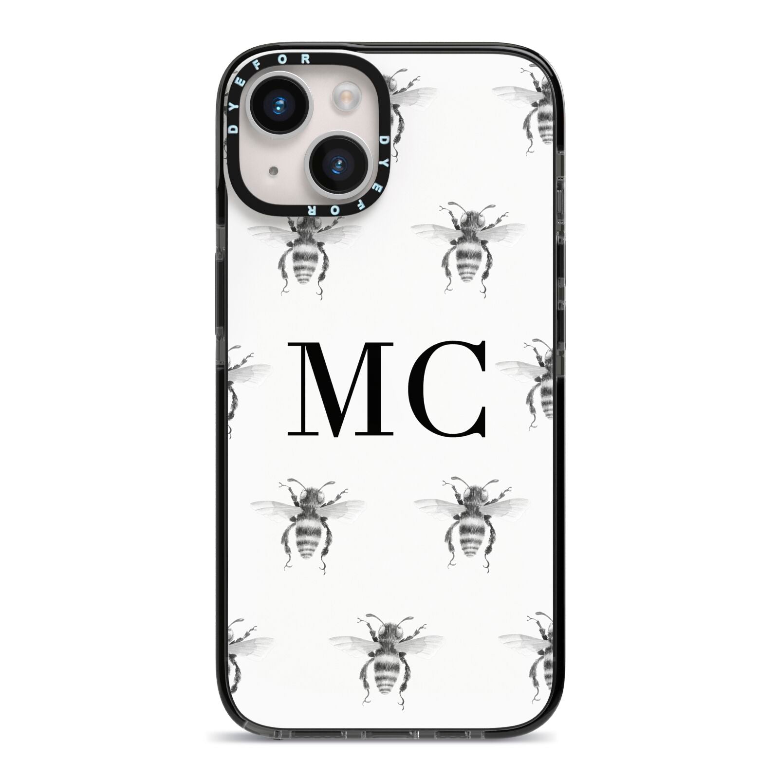 Monochrome Bees with Monogram iPhone 14 Black Impact Case on Silver phone