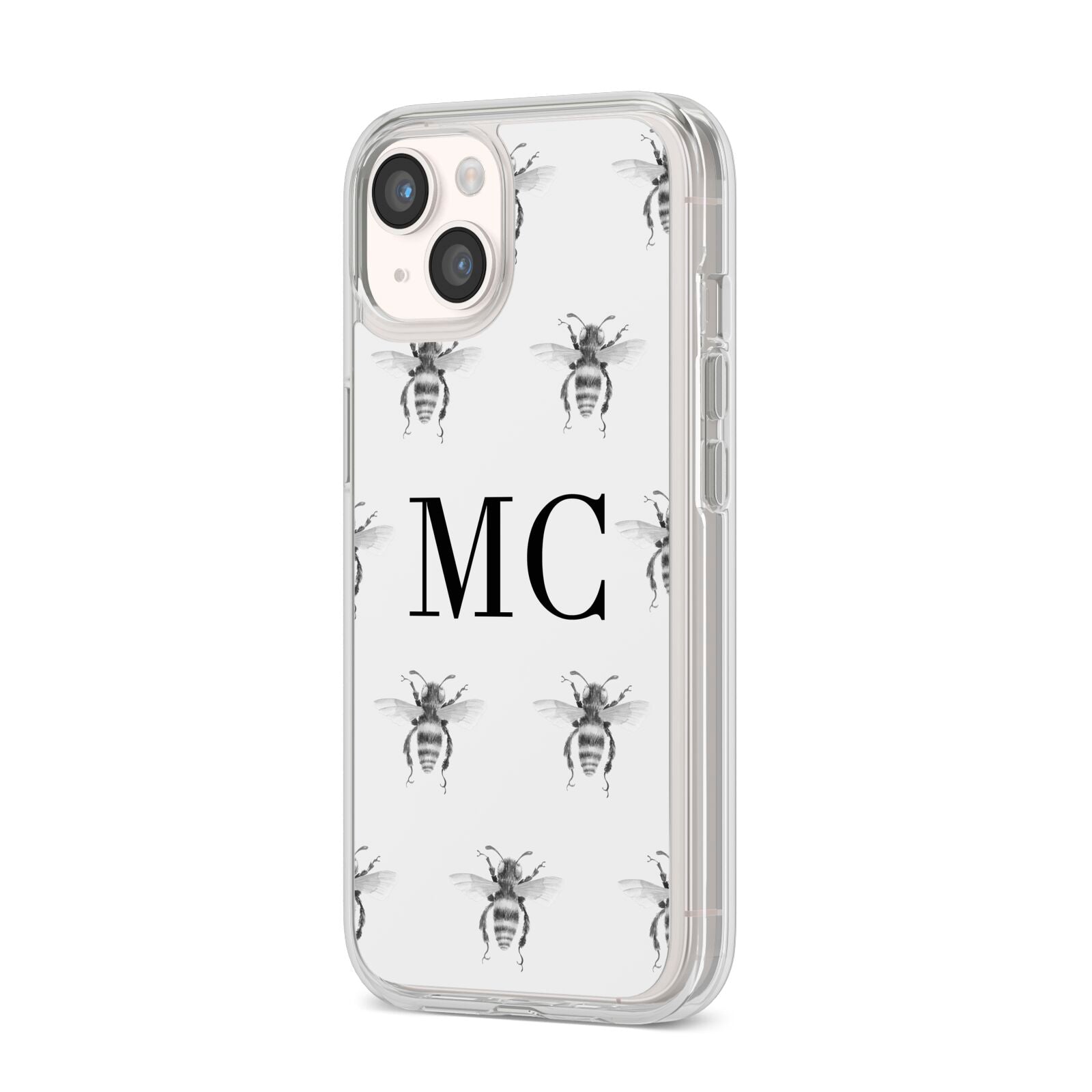 Monochrome Bees with Monogram iPhone 14 Clear Tough Case Starlight Angled Image