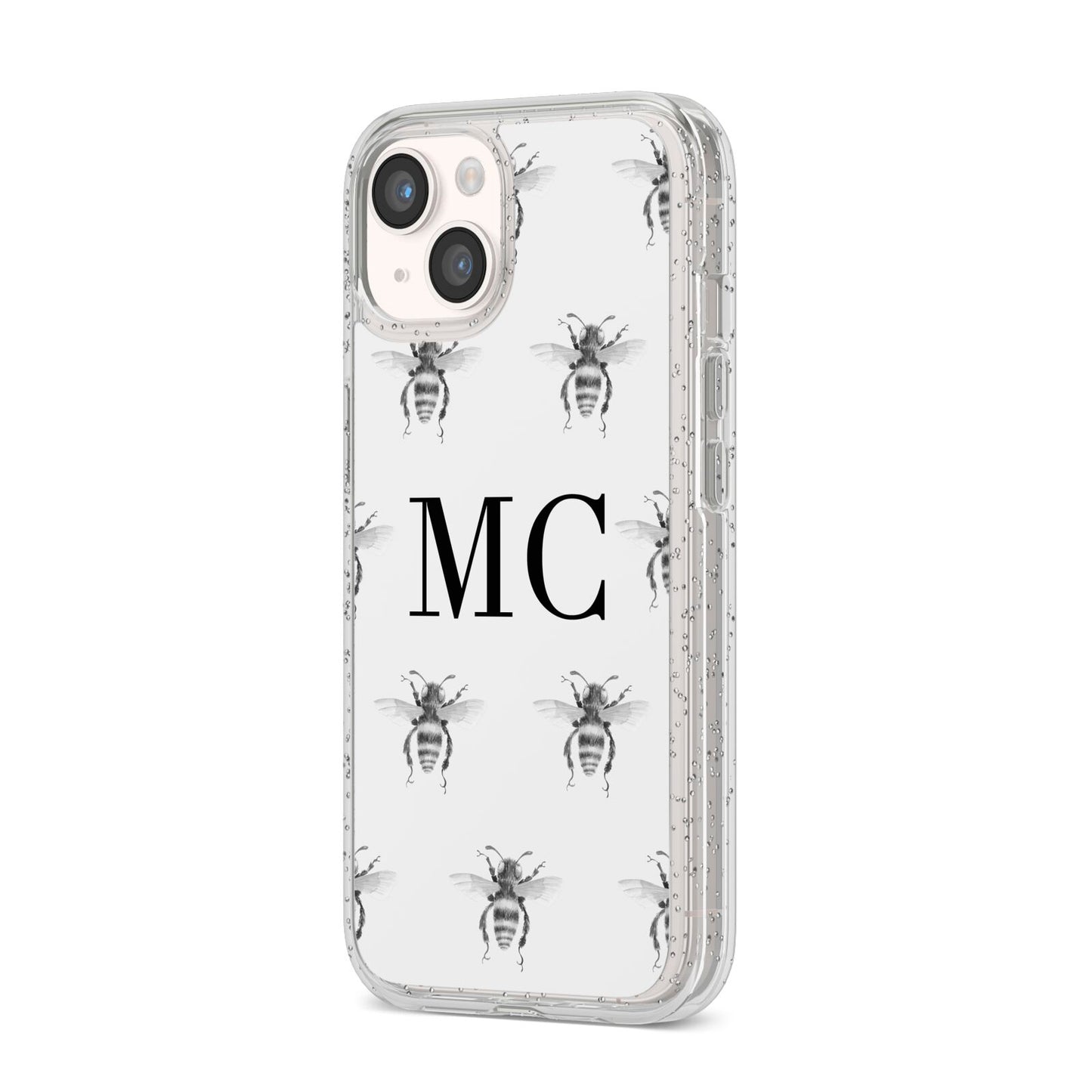 Monochrome Bees with Monogram iPhone 14 Glitter Tough Case Starlight Angled Image