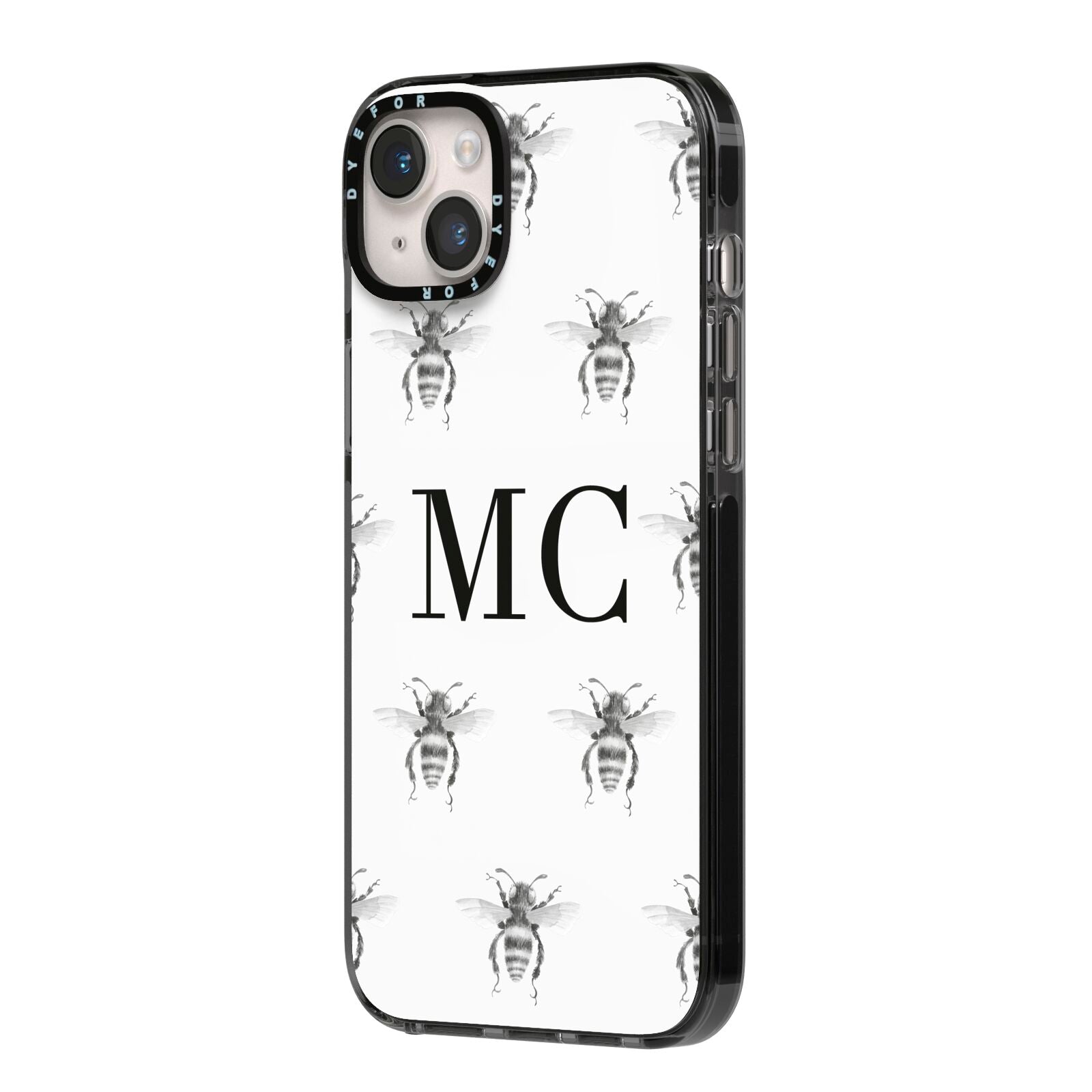 Monochrome Bees with Monogram iPhone 14 Plus Black Impact Case Side Angle on Silver phone