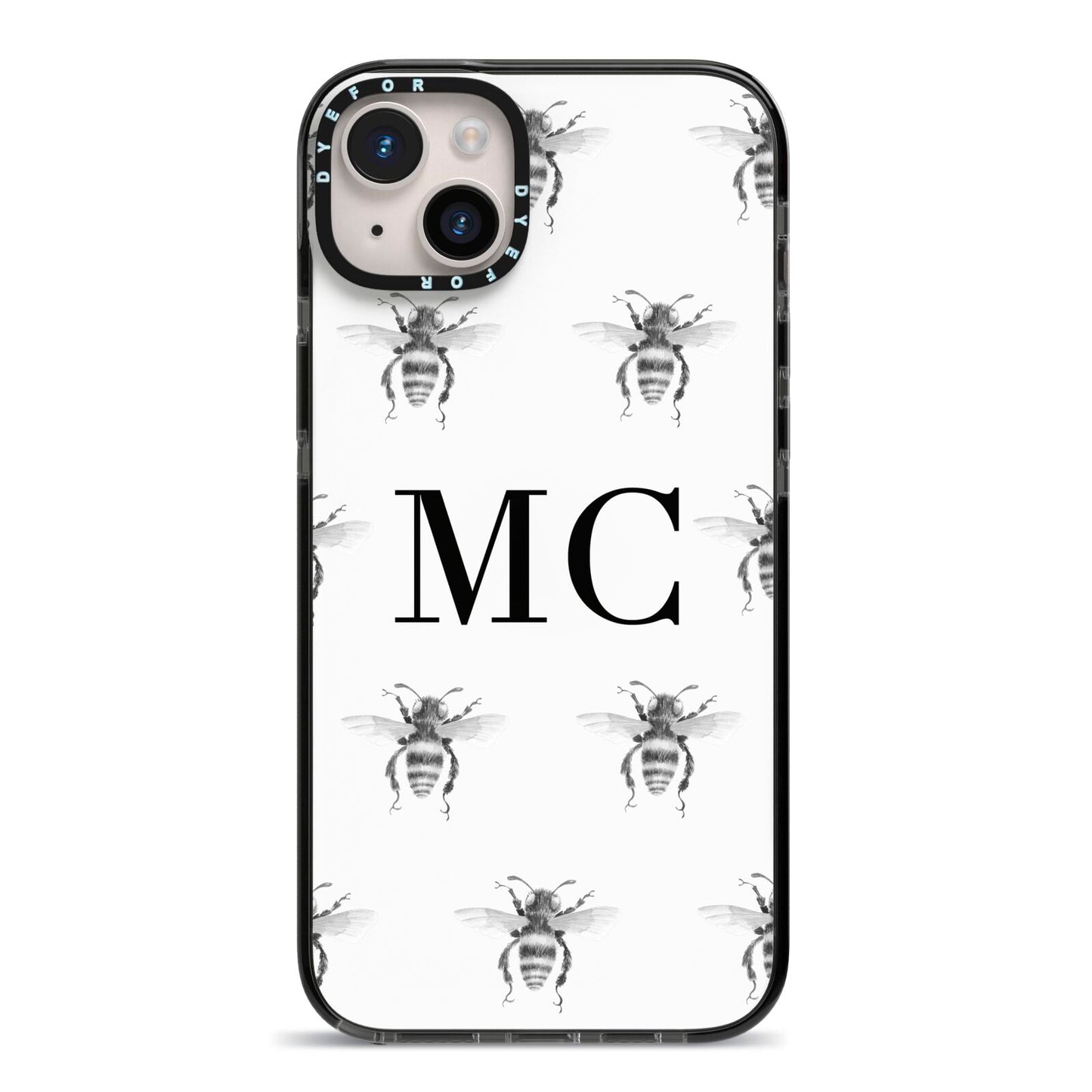 Monochrome Bees with Monogram iPhone 14 Plus Black Impact Case on Silver phone