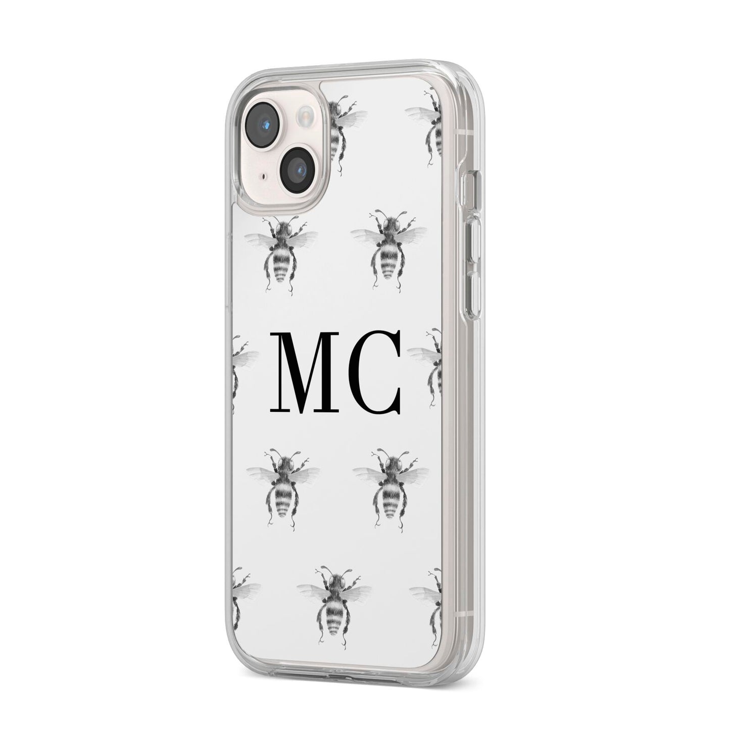 Monochrome Bees with Monogram iPhone 14 Plus Clear Tough Case Starlight Angled Image