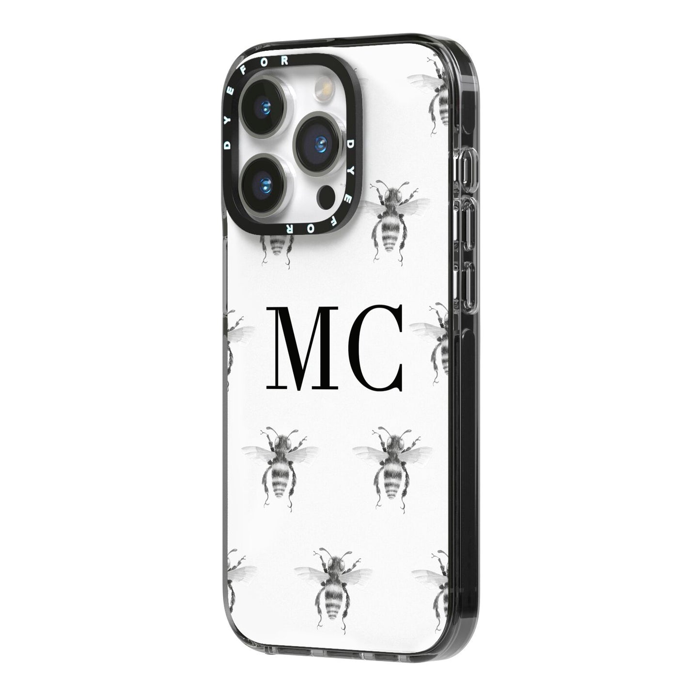 Monochrome Bees with Monogram iPhone 14 Pro Black Impact Case Side Angle on Silver phone