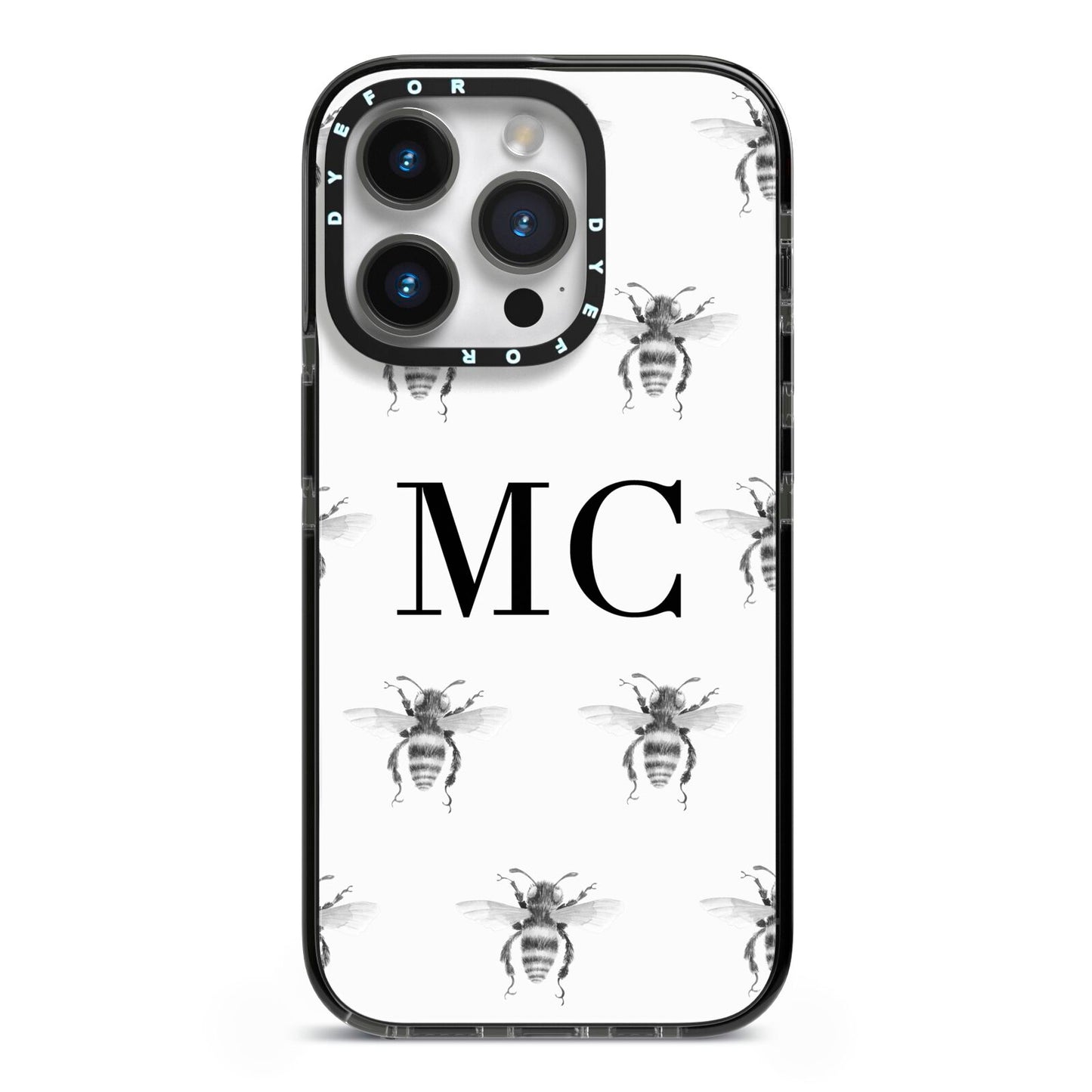 Monochrome Bees with Monogram iPhone 14 Pro Black Impact Case on Silver phone