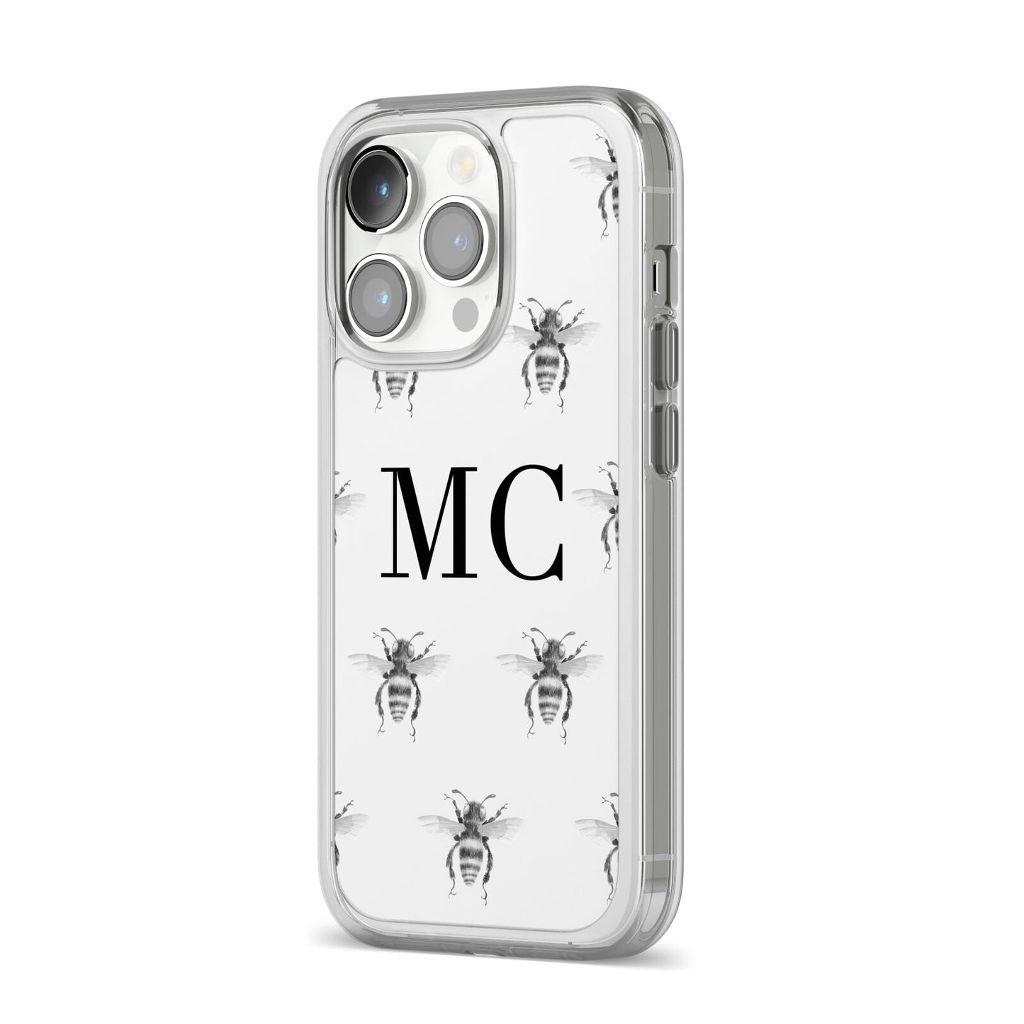 Monochrome Bees with Monogram iPhone 14 Pro Clear Tough Case Silver Angled Image