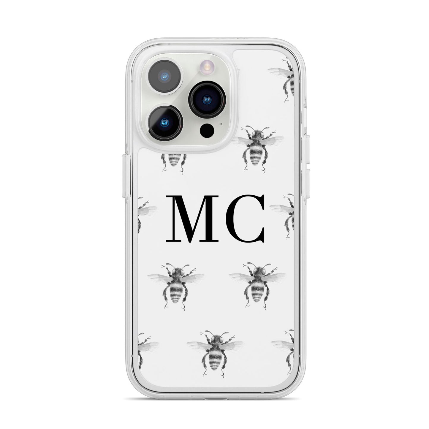 Monochrome Bees with Monogram iPhone 14 Pro Clear Tough Case Silver