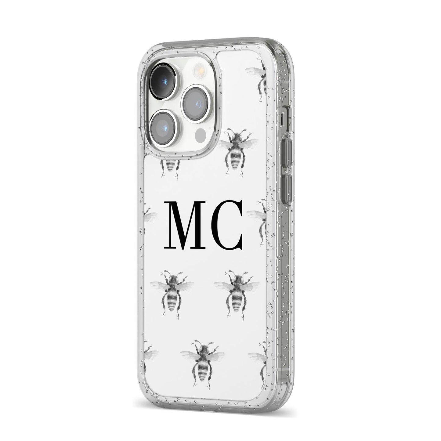 Monochrome Bees with Monogram iPhone 14 Pro Glitter Tough Case Silver Angled Image