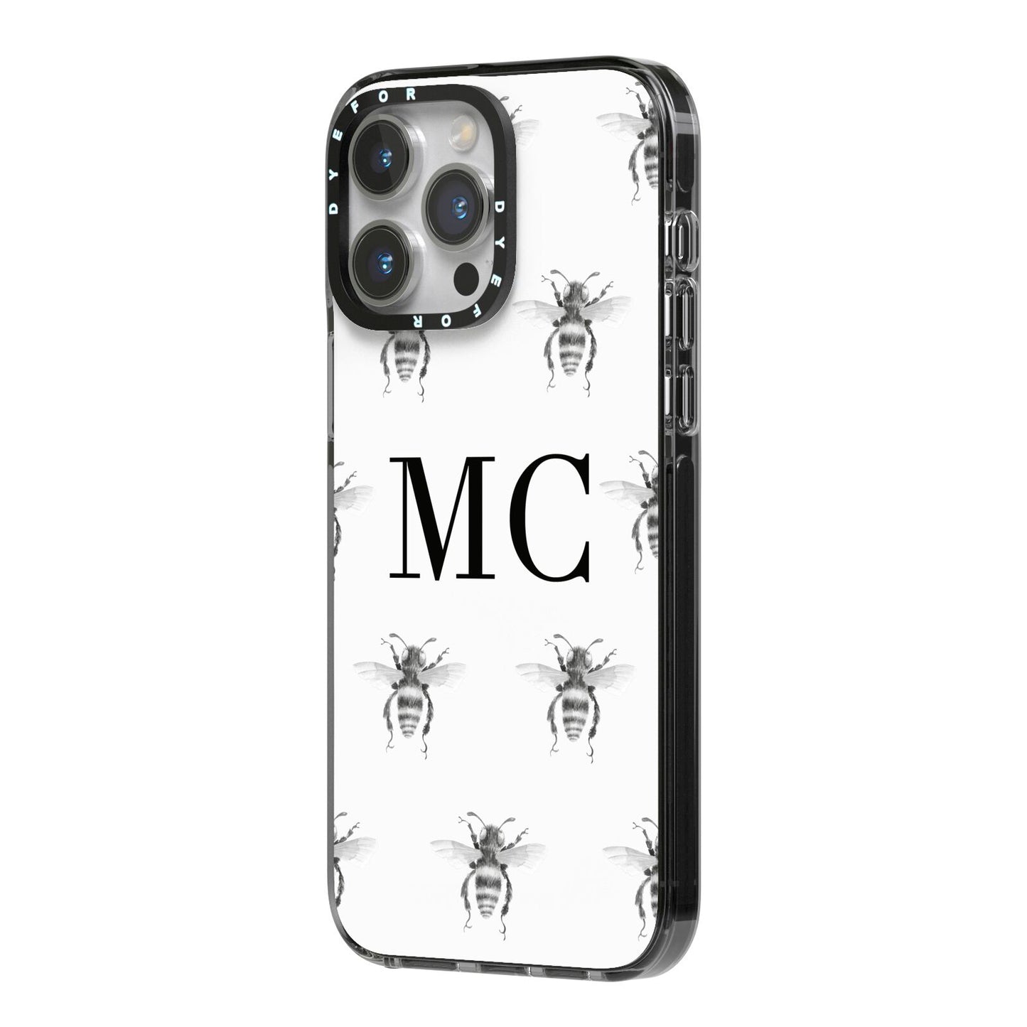 Monochrome Bees with Monogram iPhone 14 Pro Max Black Impact Case Side Angle on Silver phone