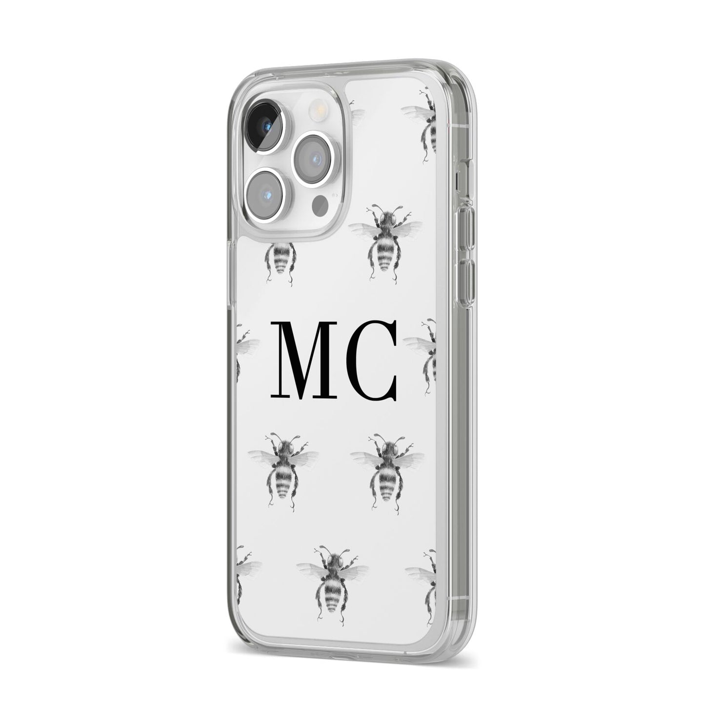 Monochrome Bees with Monogram iPhone 14 Pro Max Clear Tough Case Silver Angled Image