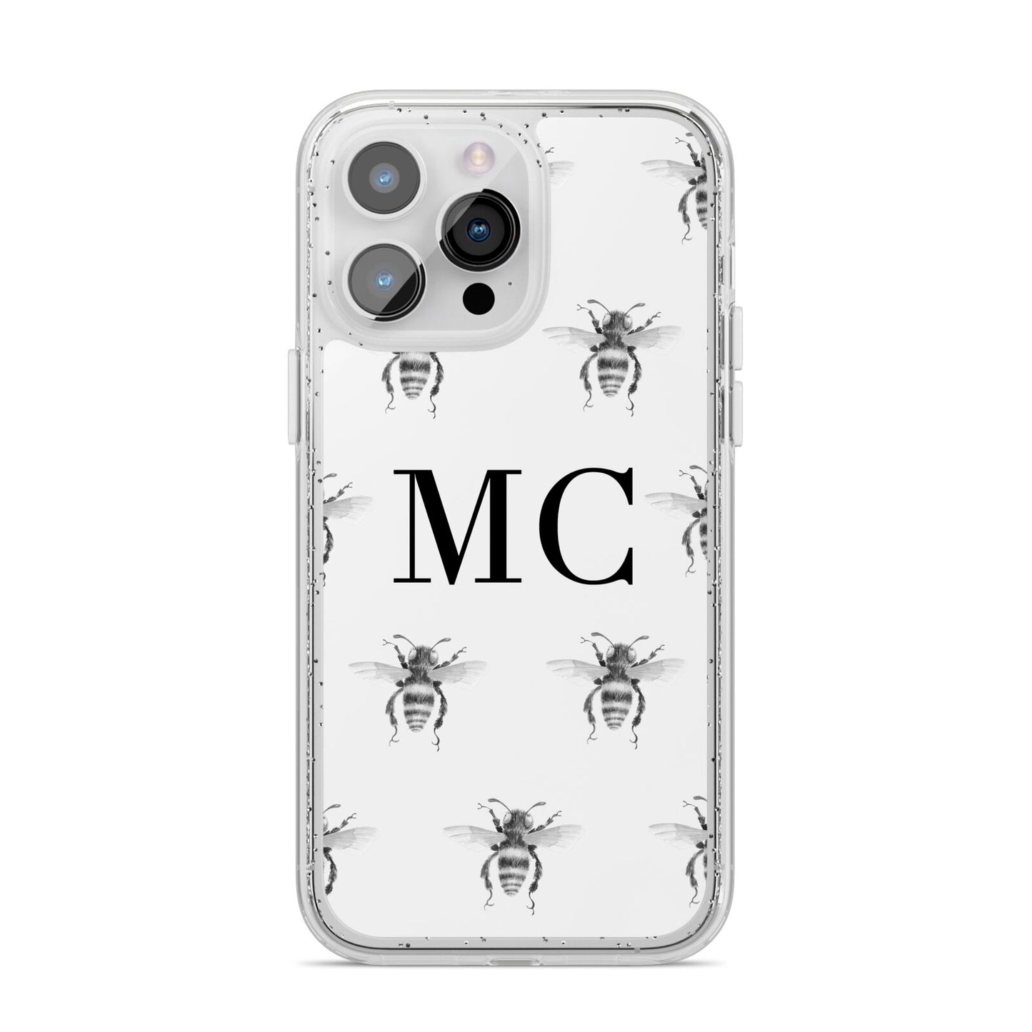 Monochrome Bees with Monogram iPhone 14 Pro Max Glitter Tough Case Silver