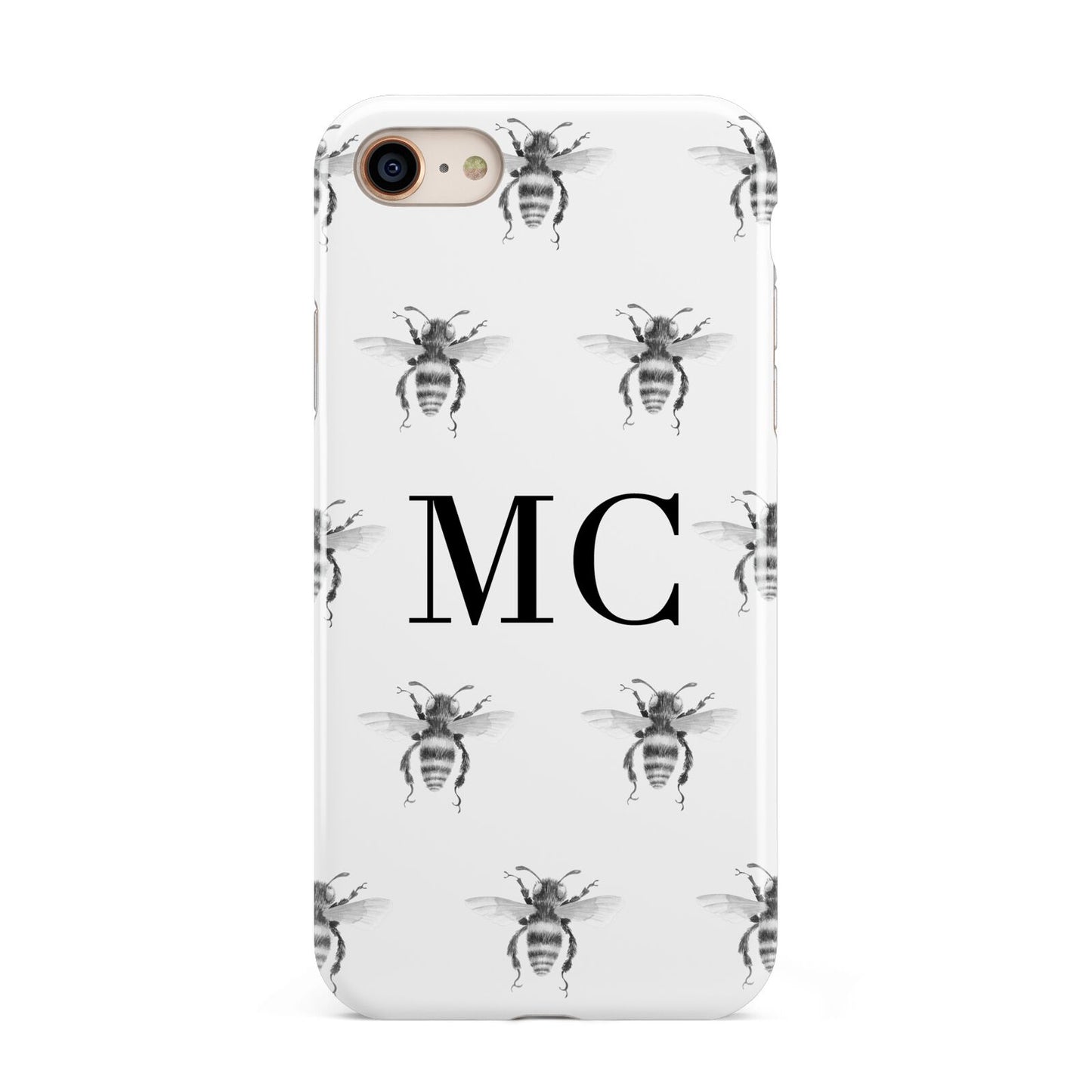 Monochrome Bees with Monogram iPhone 8 3D Tough Case on Gold Phone